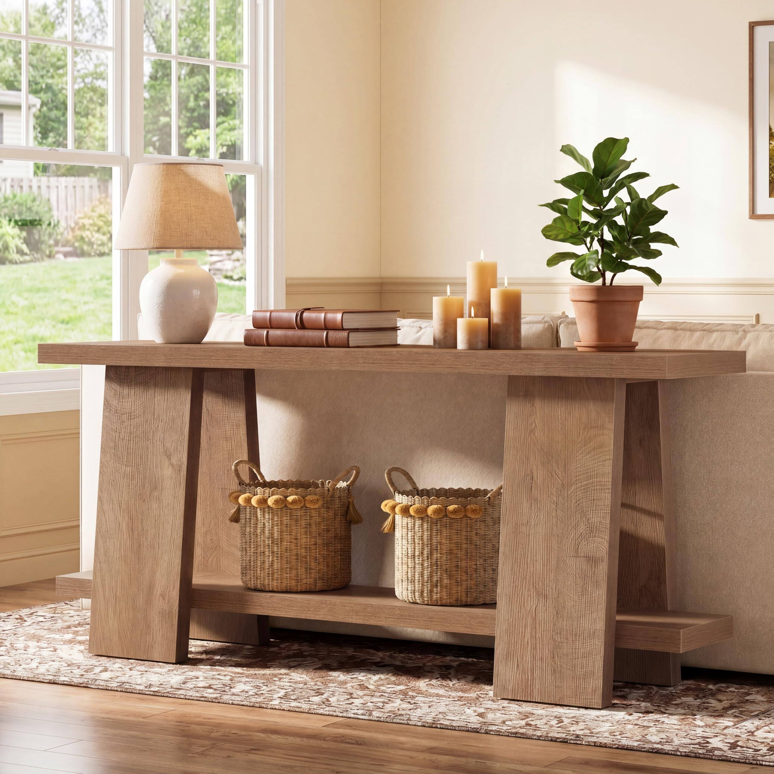 Left. Tribesigns - 70.9-Inch Long Console Table, 2-Tier Narrow Sofa Table Behind the Couch for Living Room, Entryway, Hallway (Natural) - Natural.