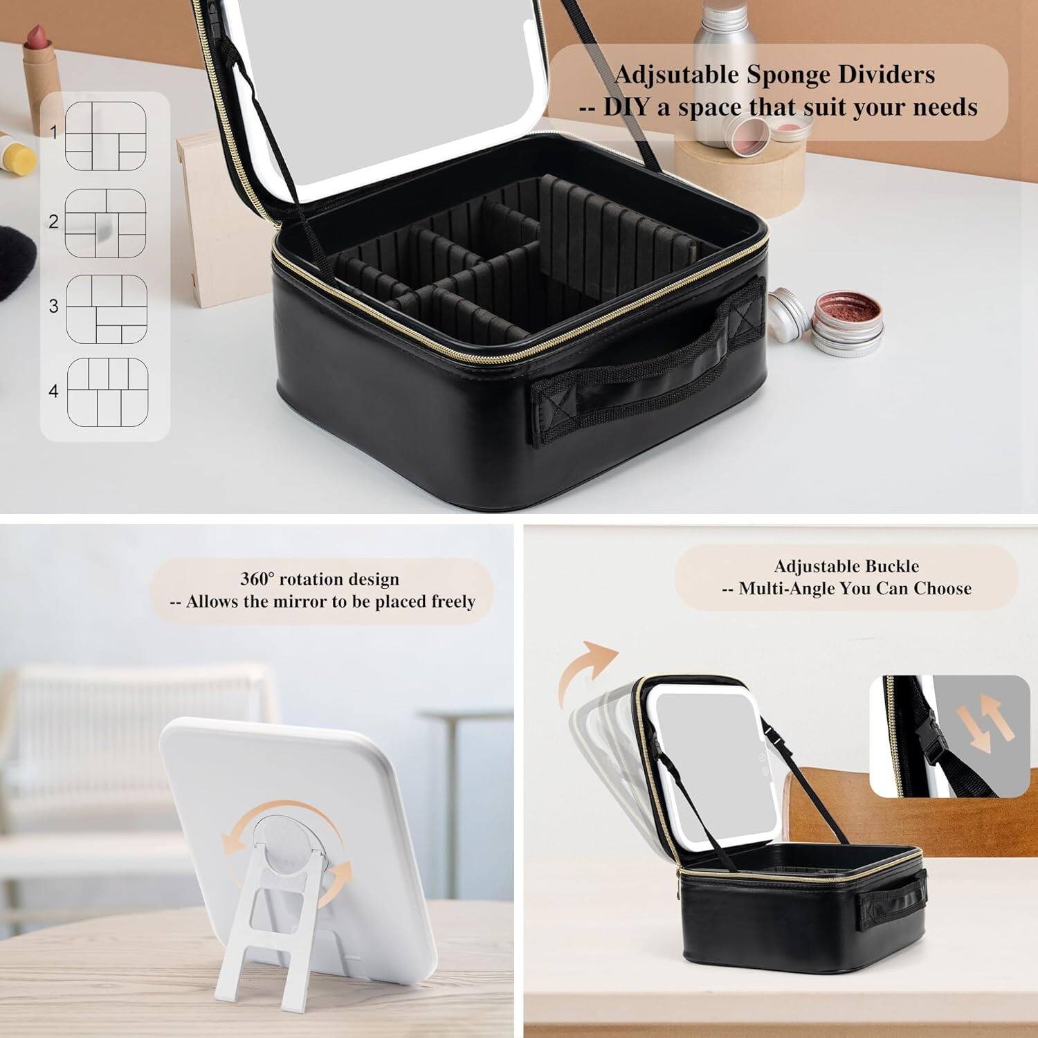 1. Adjustable Sponge Dividers: DIY a space that suits your needs

2. 360° rotation design: Allows the mirror to be placed freely

3. Adjustable Buckle: Multi-Angle You Can Choose