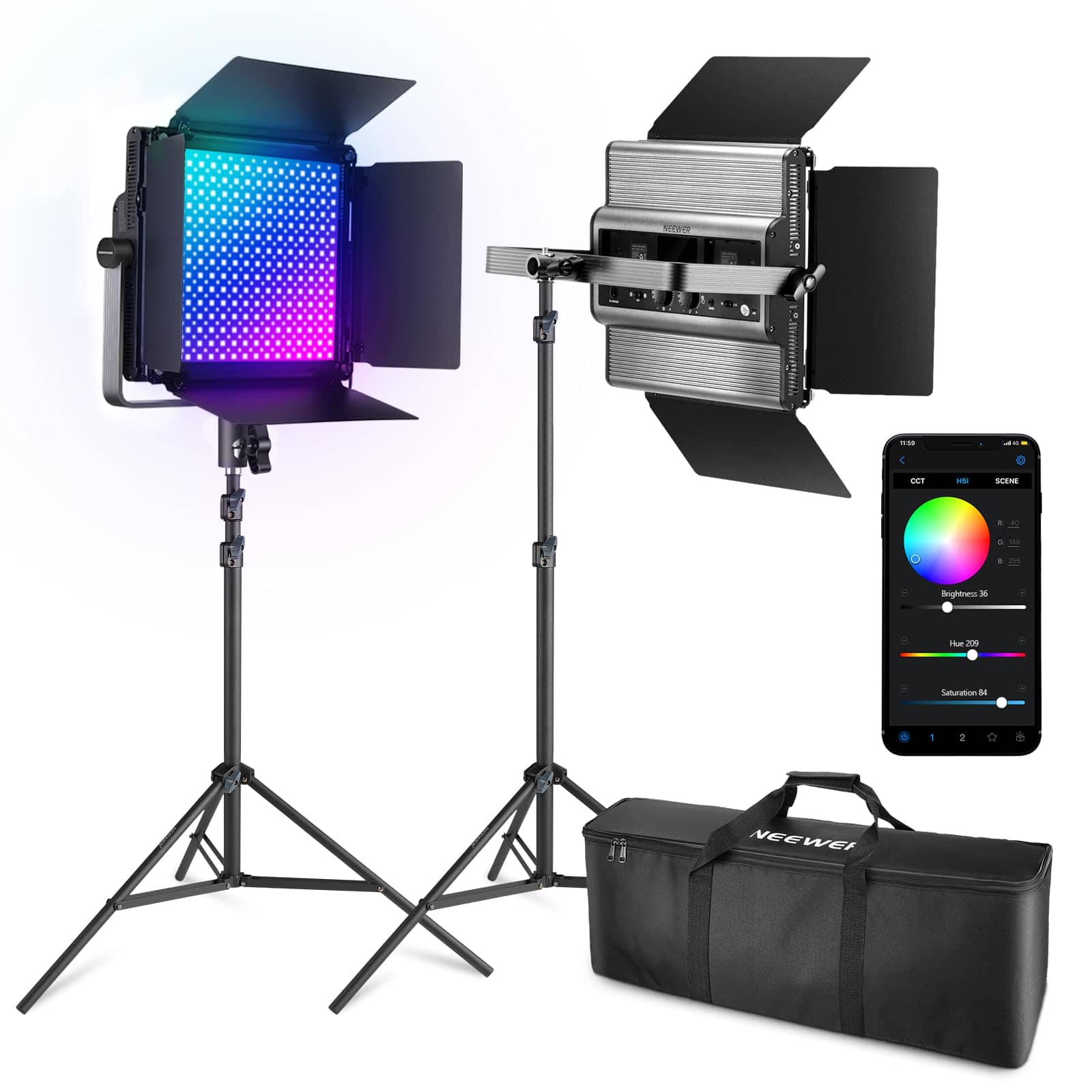 Neewer - 2-Pack RGB LED Video Light Kit - 60W APP Controlled with 1% Dimming & Tripods for Studio