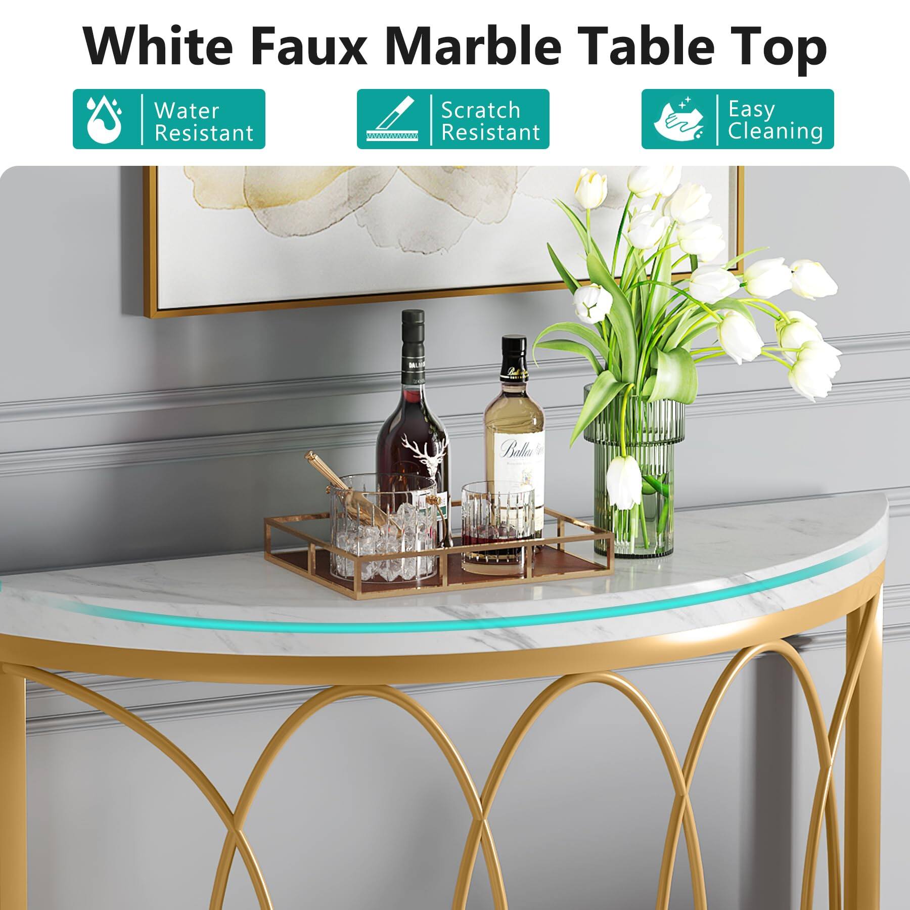 White Faux Marble Table Top  
Water Resistant  
Scratch Resistant  
Easy Cleaning
