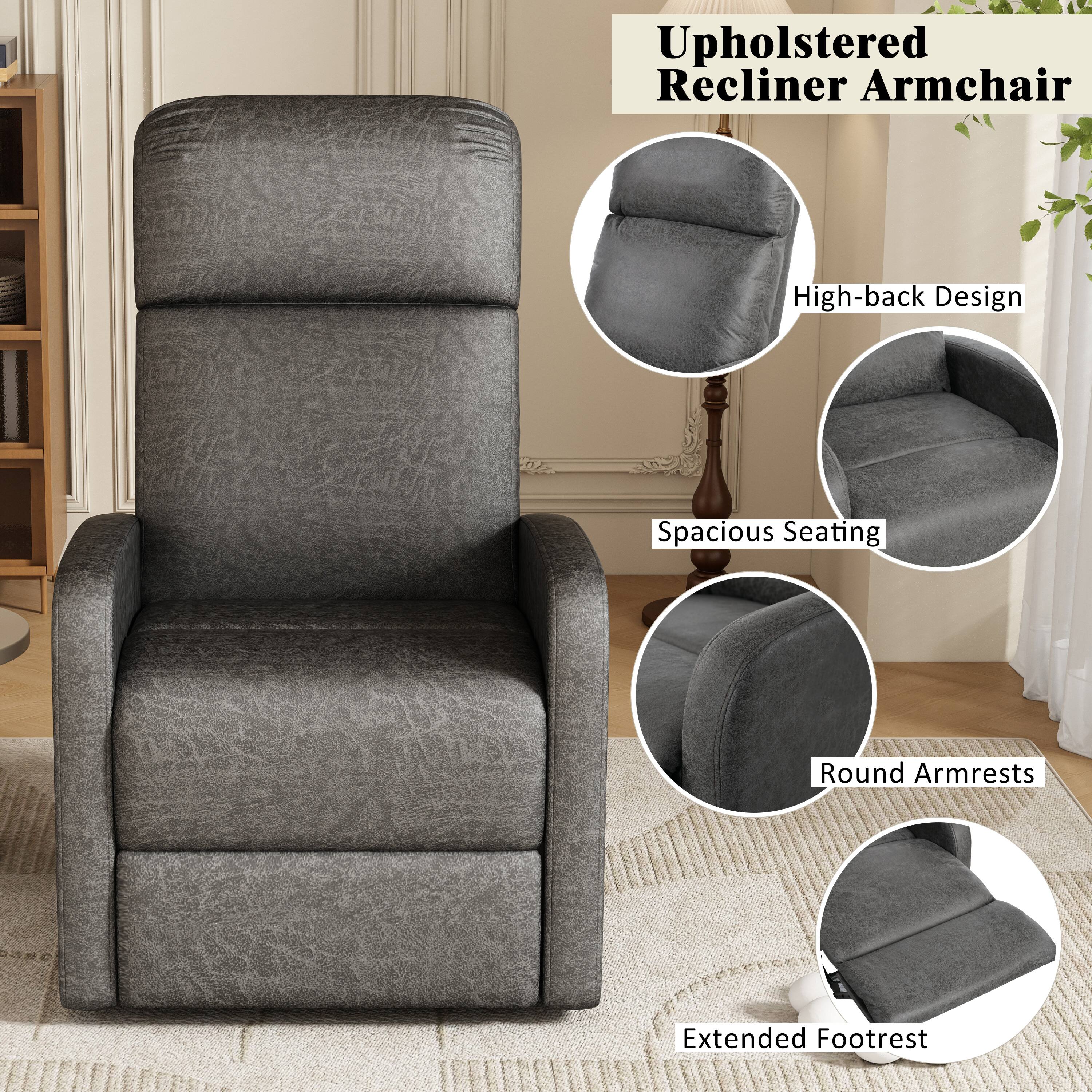 Upholstered Recliner Armchair

- High-back Design
- Spacious Seating
- Round Armrests
- Extended Footrest
