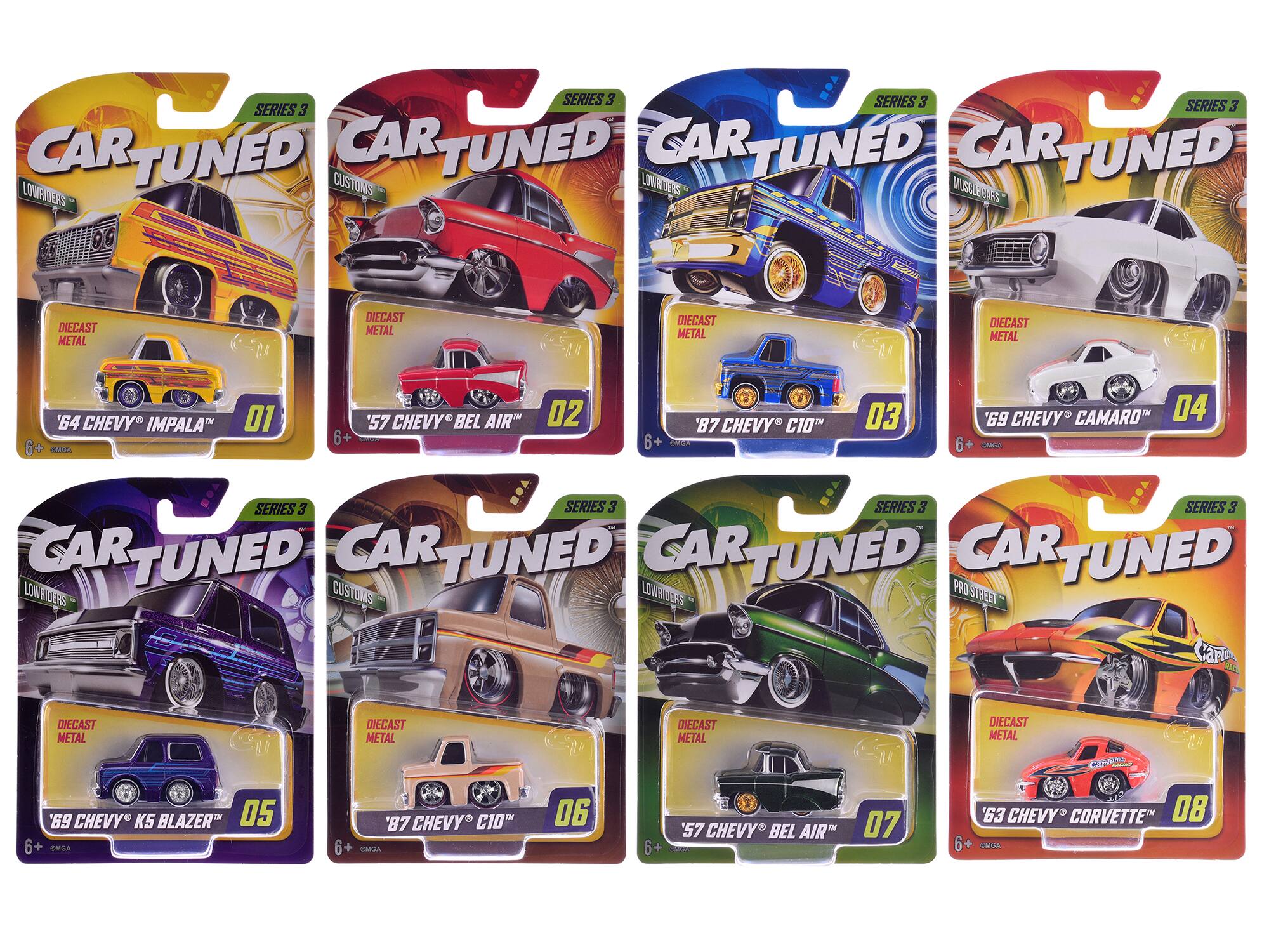 Sure, here is the corrected and grouped text:

**Series 3**

1. **Lowriders**
   - Diecast Metal
   - '64 Chevy Impala™
   - 01

2. **Customs**
   - Diecast Metal
   - '57 Chevy Bel Air™
   - 02

3. **Muscle Cars**
   - Diecast Metal
   - '87 Chevy C10™
   - 03

4. **Muscle Cars**
   - Diecast Metal
   - '69 Chevy Camaro™
   - 04

5. **Lowriders**
   - Diecast Metal
   - '69 Chevy K5 Blazer™
   - 05

6. **Customs**
   - Diecast Metal
   - '87 Chevy C10™
   - 06

7. **Lowriders**
   - Diecast Metal
   - '57 Chevy Bel Air™
   - 07

8. **Pro Street**
   - Diecast Metal
   - '63 Chevy Corvette™
   - 08

Each package is labeled with "6+" and