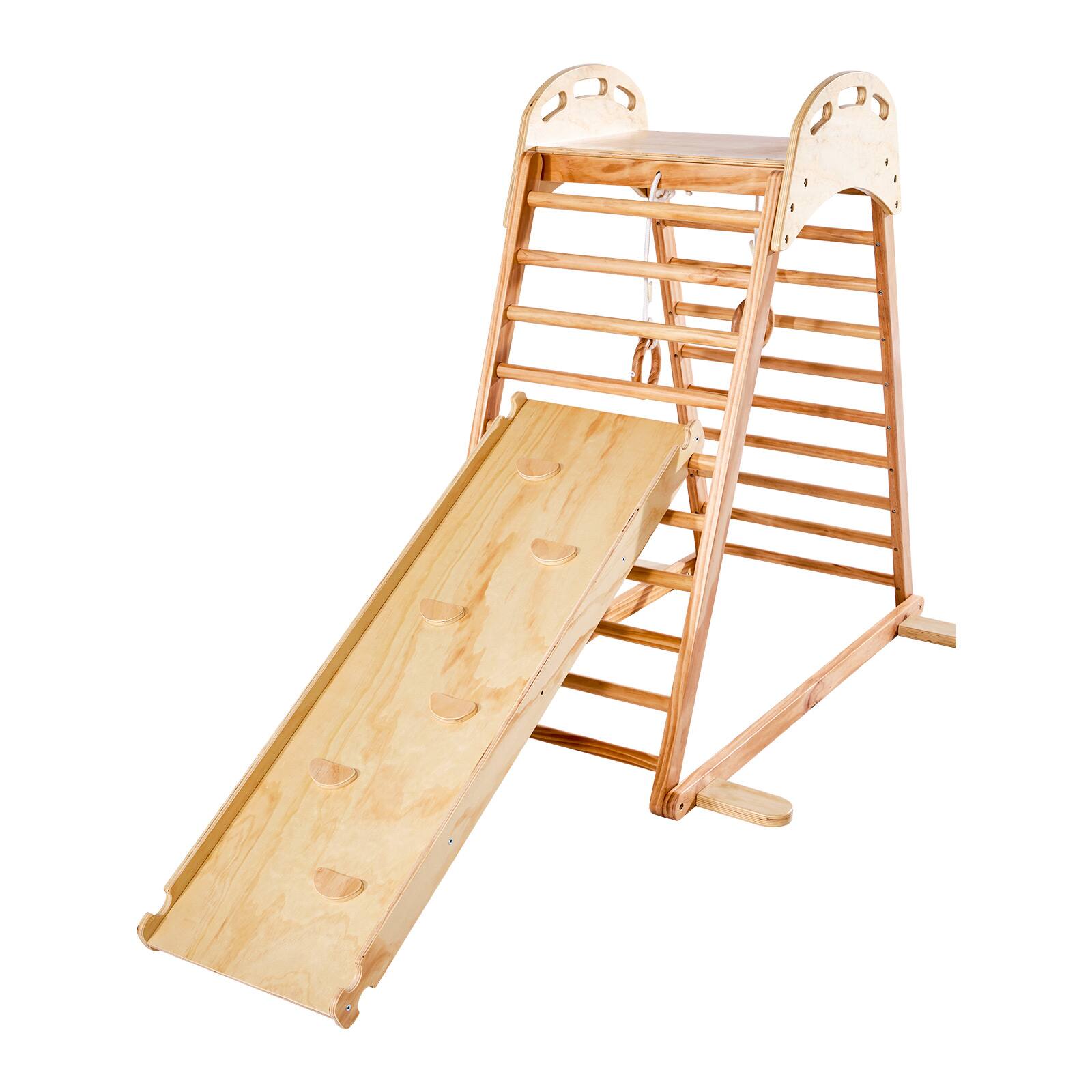 Alt View 5. VEVOR - Indoor Wooden Playground Jungle Gym, 4-in-1 Climbing Playset for Kids, Montessori Toddler Activity Set with Rock Climber - Wood color.