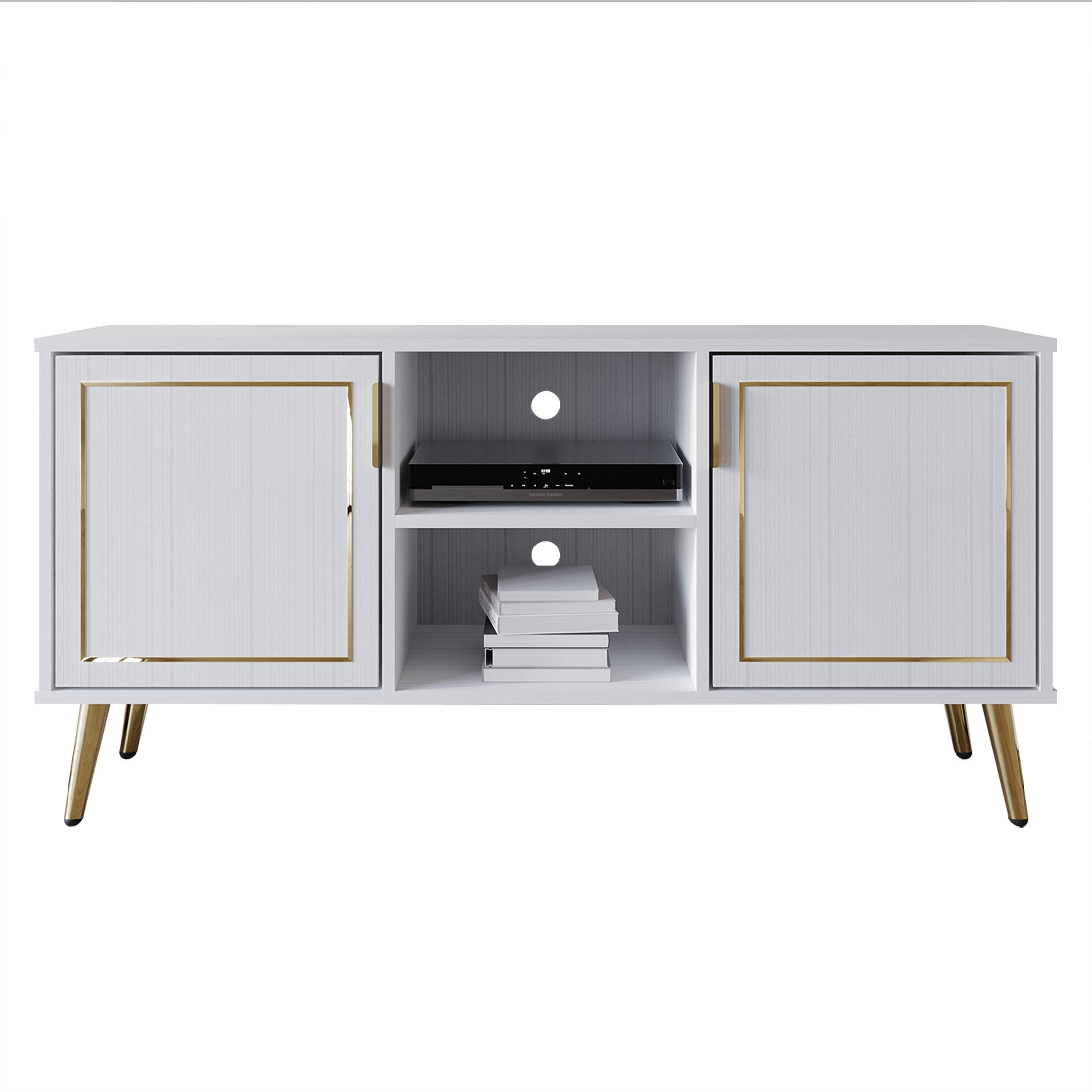 Alt View 2. ChaletPosh - Modern Wooden TV Stand Console with Gold Accent Strip, White - White.
