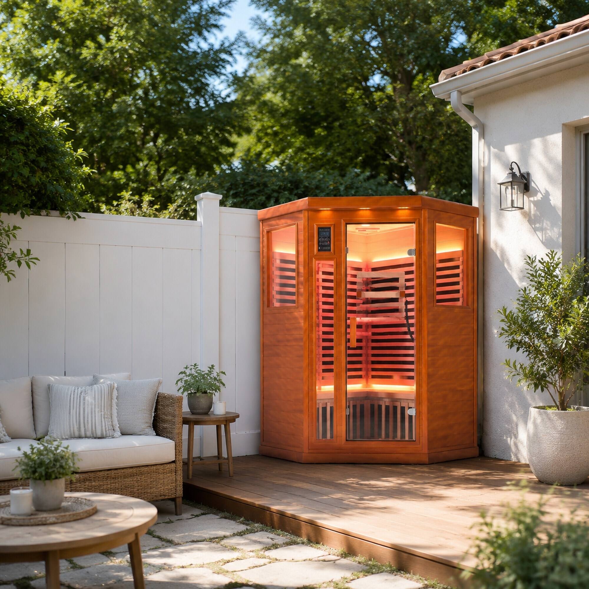 Back. RYHNUYNE - Two-Person Far Infrared Corner Sauna, Low EMF, Okoume Wood, LCD Touch Control, 2190W - Natural.