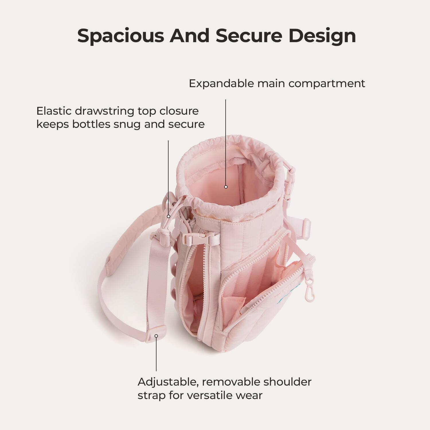 Spacious And Secure Design

Expandable main compartment

Elastic drawstring top closure keeps bottles snug and secure

Adjustable, removable shoulder strap for versatile wear