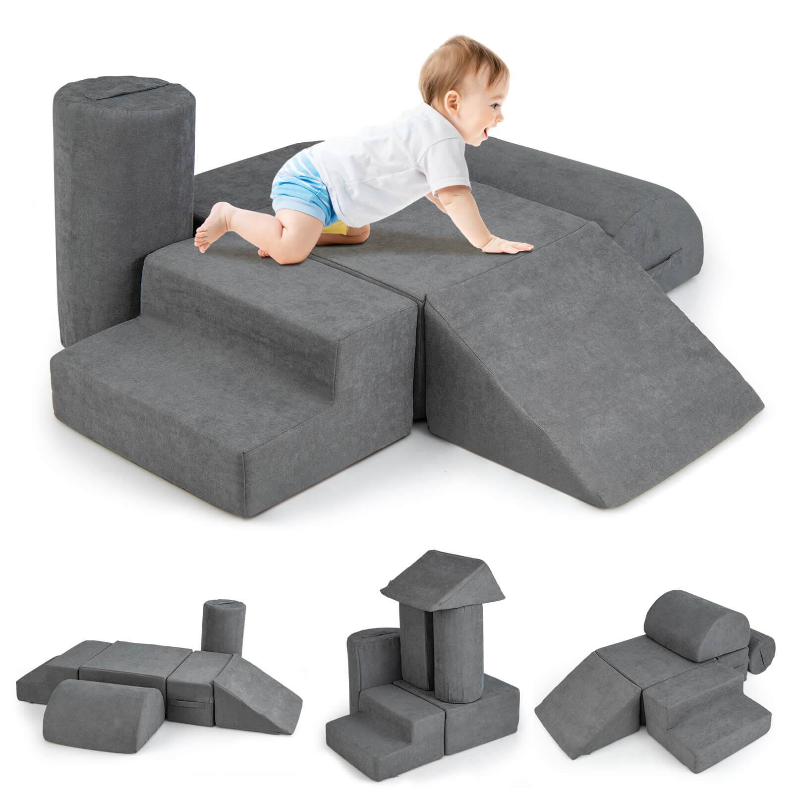 Costway - 6 Pcs Toddler Climbing Blocks with Handles Chenille Fabric Cover Corner Play Gym - Gray