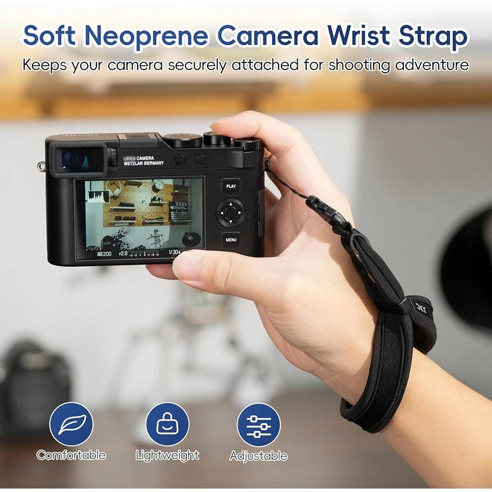 Soft Neoprene Camera Wrist Strap  
Keeps your camera securely attached for shooting adventure  

CAMERA WETZLAR GERMANY  
PLAT ?3 MENU 5200 2.8 I V30 3  

Comfortable  
Lightweight  
Adjustable