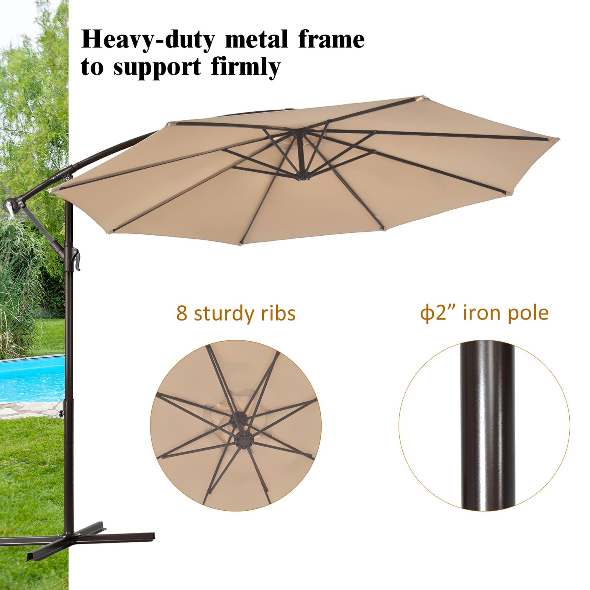Heavy-duty metal frame to support firmly, 8 sturdy ribs, 2" iron pole