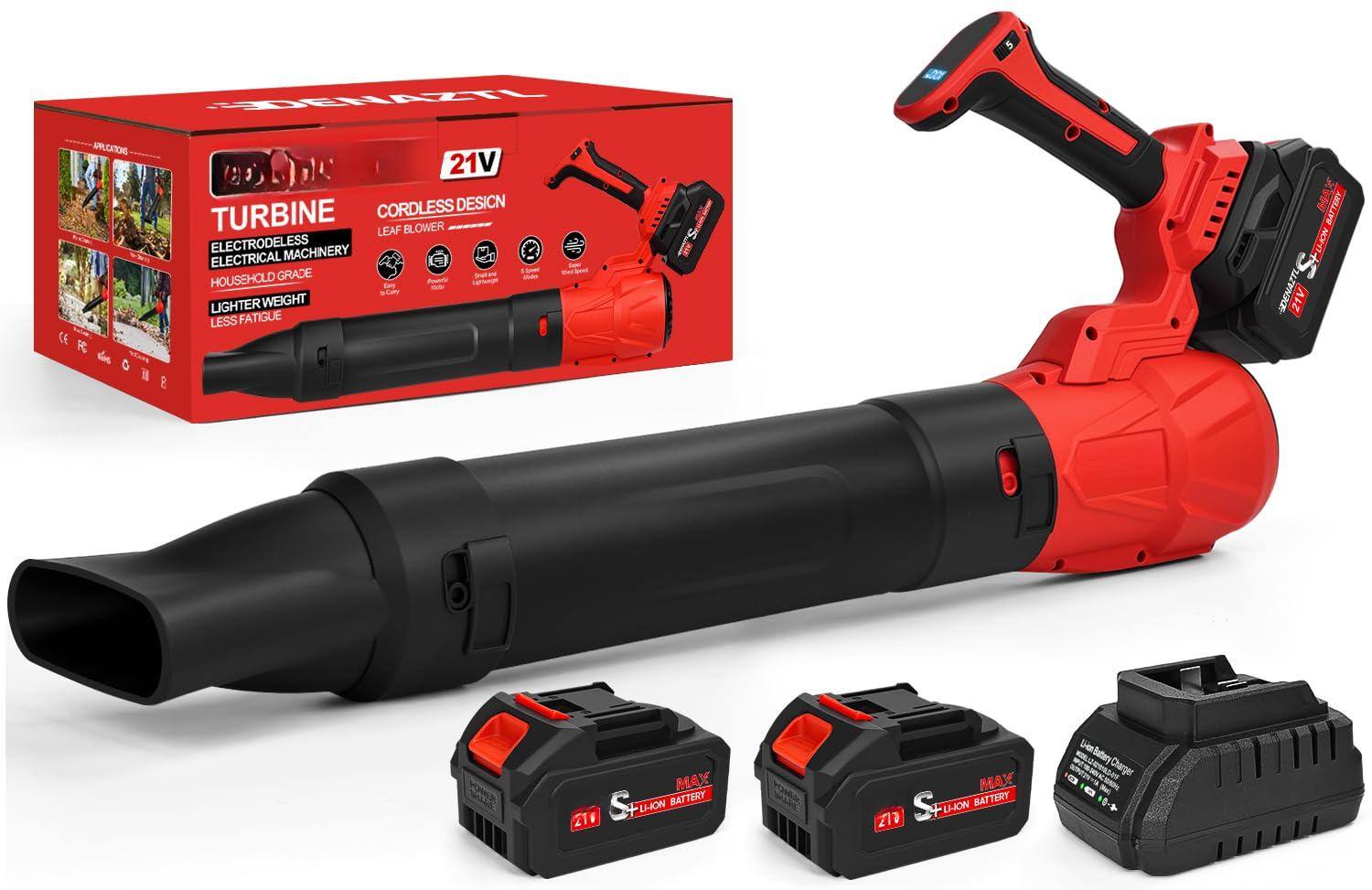 Sure, here is the corrected and grouped text from the image:
---
**Box:**
- **Brand:** DENAZTL
- **Model:** 21V
- **Product:** TURBINE
- **Type:** CORDLESS DESIGN
- **Application:** ELECTRODELESS ELECTRICAL MACHINERY
- **Grade:** HOUSEHOLD GRADE
- **Features:**
- LIGHTER WEIGHT
- LESS FATIGUE
- **Battery:** MAX SEITON BATTERY
- **Battery Type:** Li-ION BATTERY
- **Battery Charger:** Li-ION BATTERY CHARGER
**Blower:**
- **Brand:** DENAZTL
- **Model:** 21V
- **Features:**
- 5 Speeds
- Wind Speed
- Easy to Carry
- Lightweight
- Powerful
**Batteries:**
- **Brand:** MAX
- **Model:** 21V
- **Type:** Li-ION BATTERY
**Battery Charger:**
- **Brand:** MAX
- **Model:** Li-ION BATTERY CHARGER
---