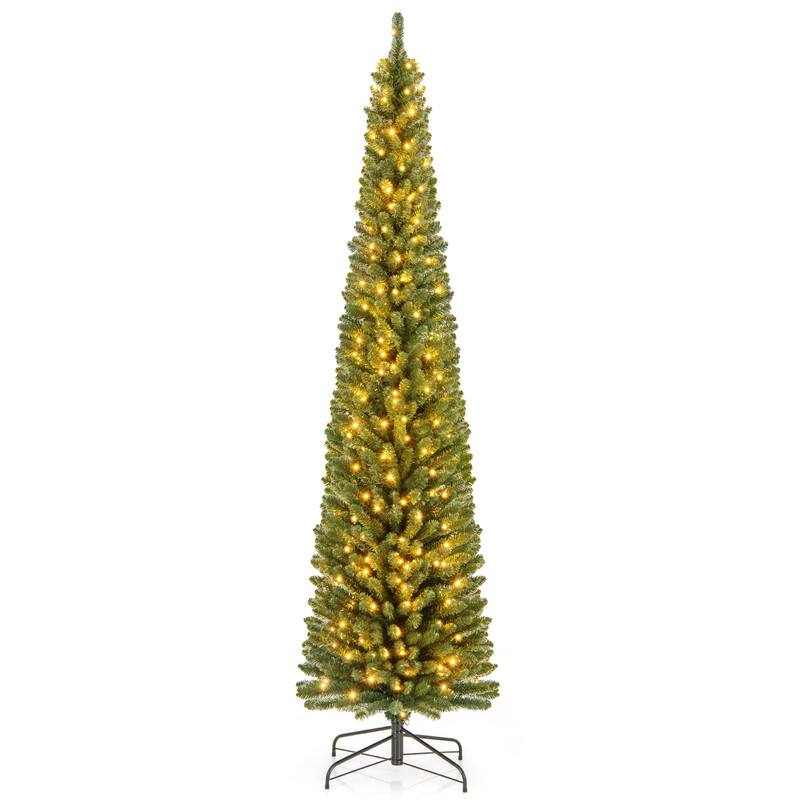 Angle. WELLFOR - 8 ft Pencil Slim Artificial Christmas Tree with Warm‑White Lights,671 Full PVC Branch Tips, Perfect‑Choice Decoration - Green.