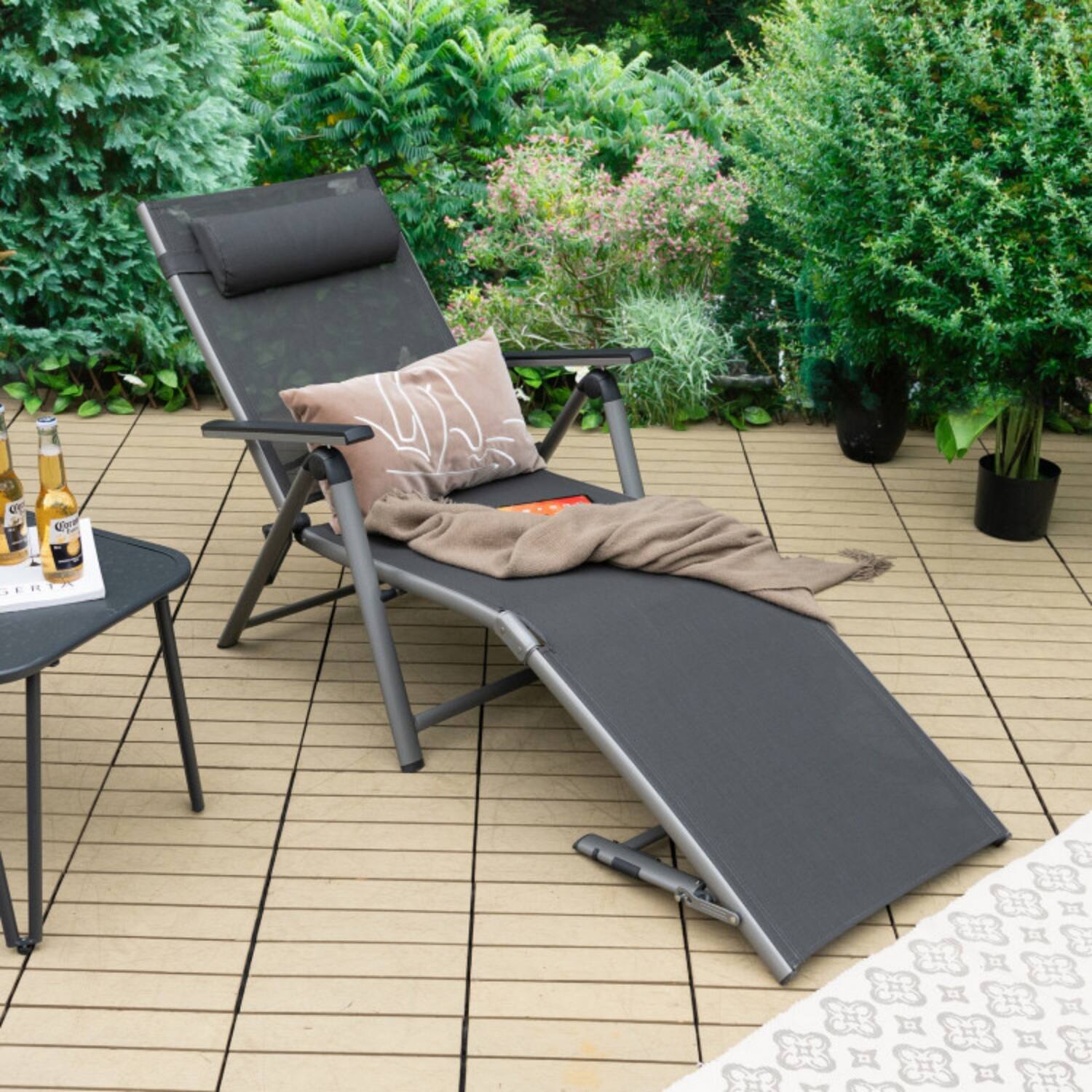 Alt View 4. Mondawe - 71" Outdoor Aluminum Chaise Lounge Chair w 8-Position Backrest & Quick-Drying Fabric - Gray.