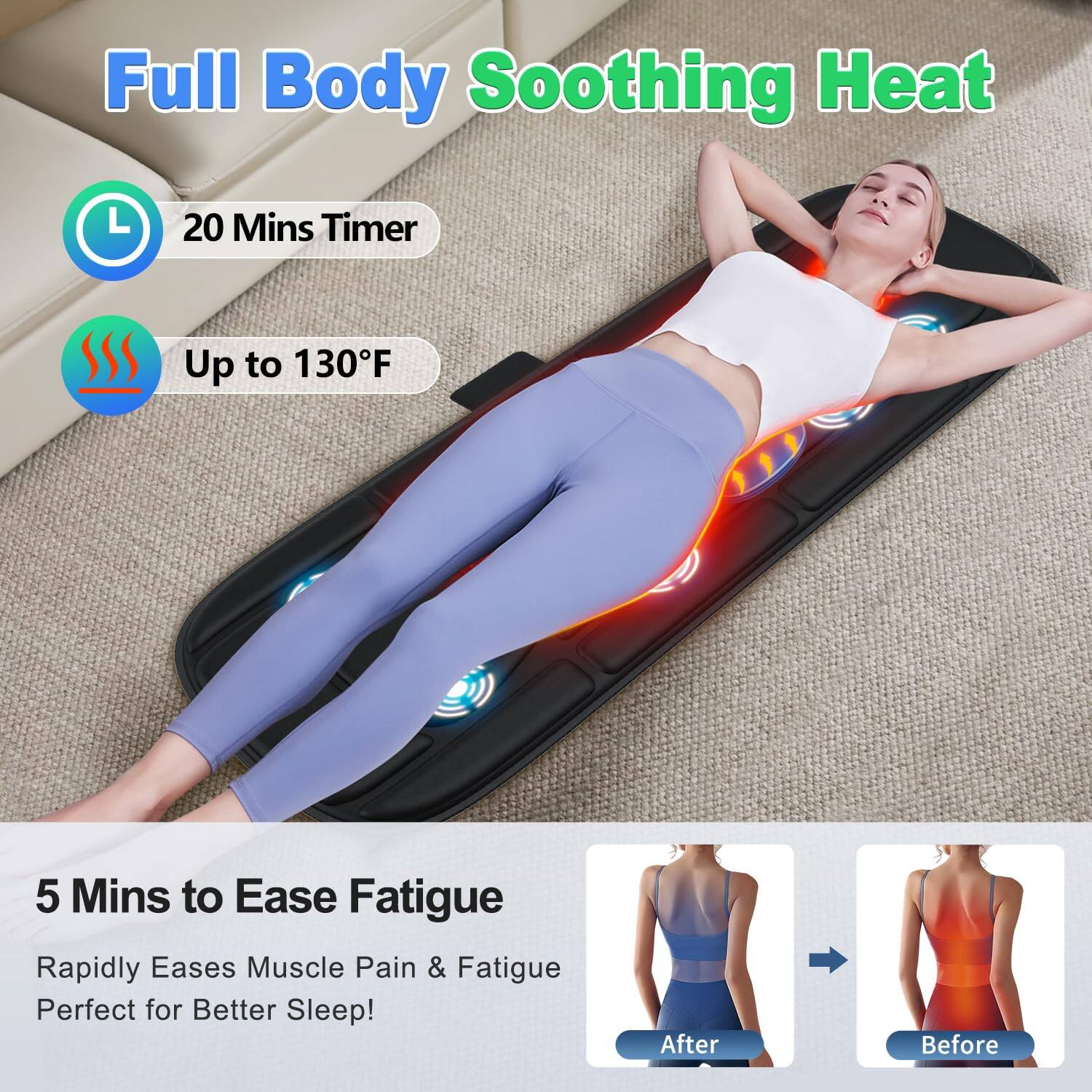 Full Body Soothing Heat

- 20 Mins Timer
- Up to 130°F

5 Mins to Ease Fatigue
Rapidly Eases Muscle Pain & Fatigue
Perfect for Better Sleep!

After Before