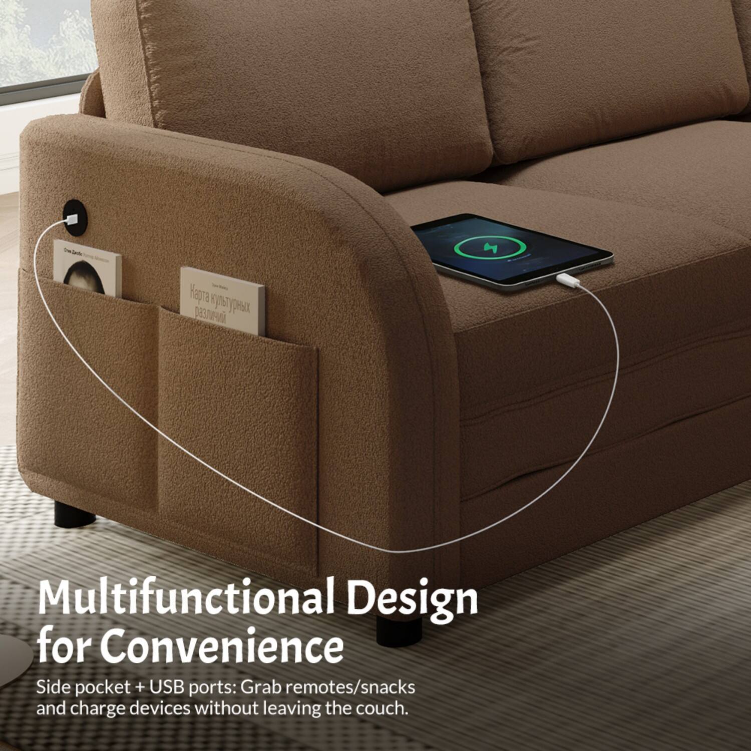 Multifunctional Design for Convenience  
Side pocket + USB ports: Grab remotes/snacks and charge devices without leaving the couch.