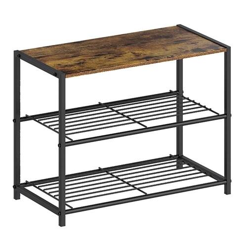Front. SlickBlue - 2-Tier Shoe Rack Bench with Wood Top and Metal Frame - Brown, Black.