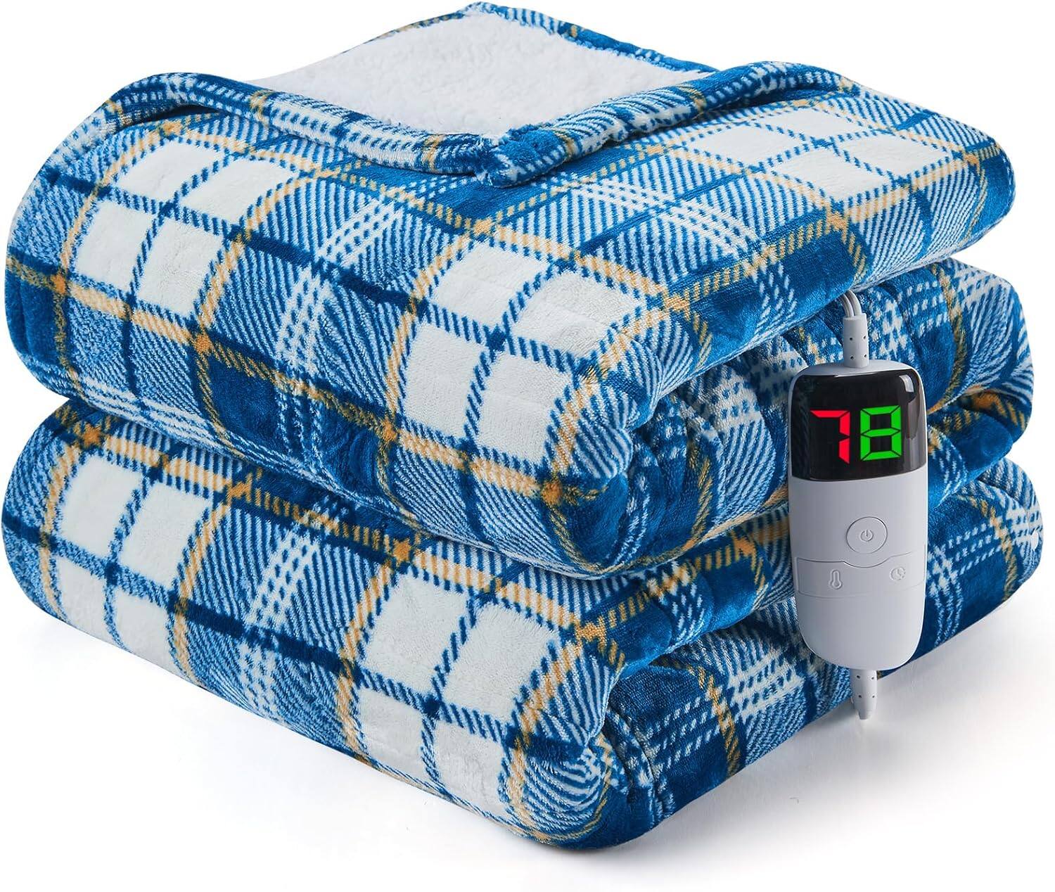 Alt View 5. blue - Paaaawaters Heated Blanket Electric Throw, Heating Throw with 10 Levels 8 Hours Auto Off, Blue Plaid Sherpa - color:BlackPlaid+size:62"x84".