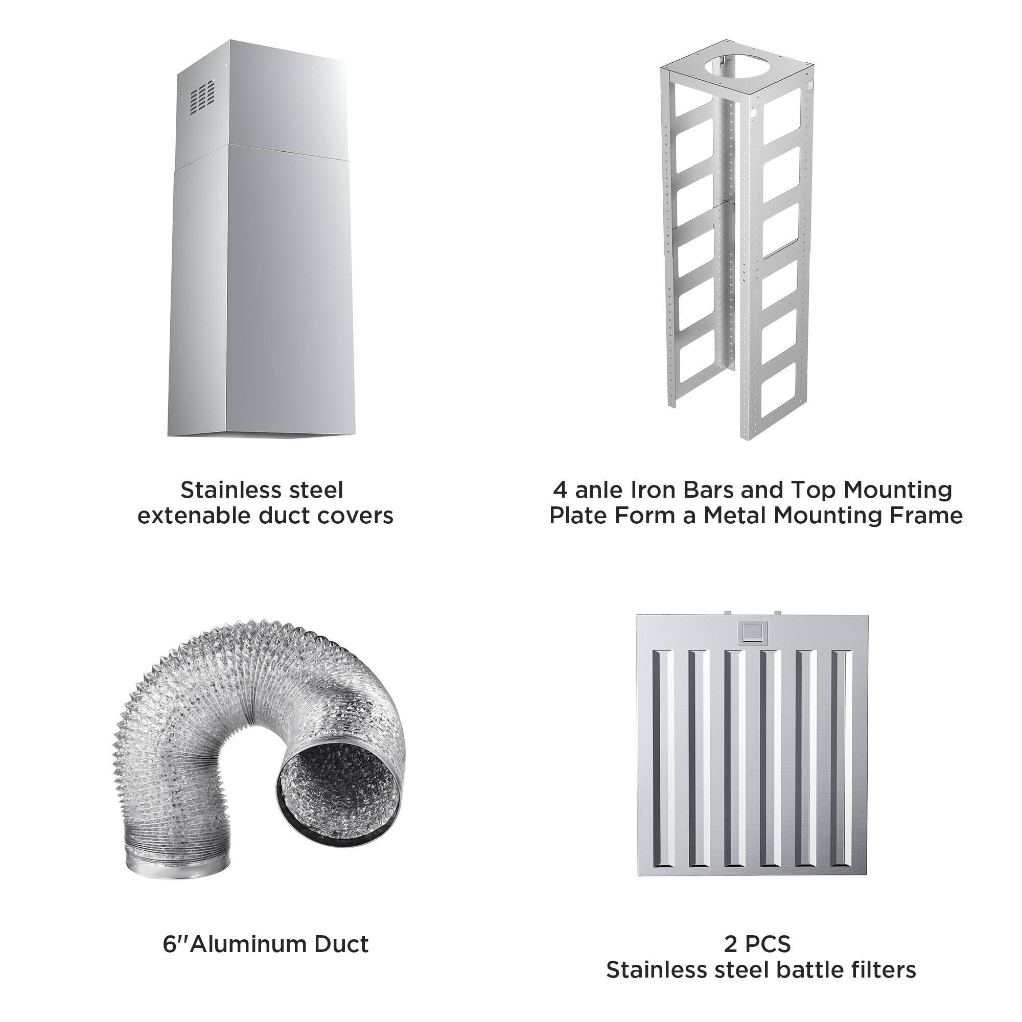 Stainless steel extenable duct covers, 4 anle Iron Bars and Top Mounting Plate Form a Metal Mounting Frame, 6" Aluminum Duct, 2 PCS Stainless steel battle filters