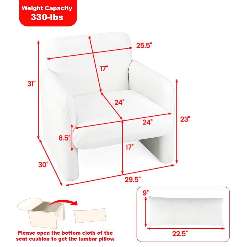 Weight Capacity: 330-lbs

Dimensions:
- Width: 25.5"
- Depth: 31"
- Height: 23"
- Seat Height: 17"
- Seat Depth: 24"
- Armrest Height: 24"
- Armrest Width: 6.5"
- Back Height: 30"
- Back Width: 29.5"

Lumbar Pillow:
- Width: 22.5"
- Height: 9"

Please open the bottom cloth of the seat cushion to get the lumbar pillow.