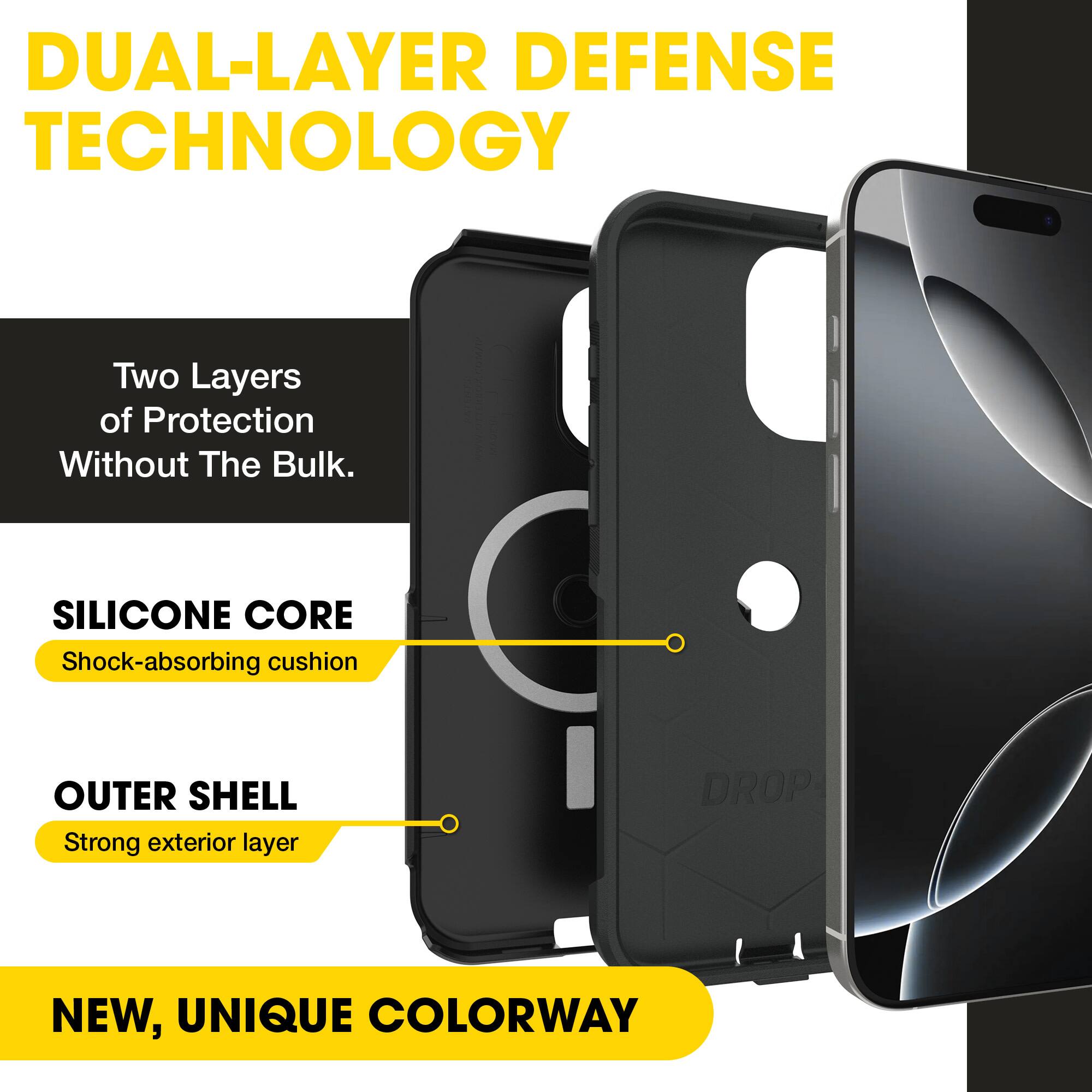 DUAL-LAYER DEFENSE TECHNOLOGY  
Two Layers of Protection Without The Bulk.  
SILICONE CORE  
Shock-absorbing cushion  
OUTER SHELL  
Strong exterior layer  
NEW, UNIQUE COLORWAY