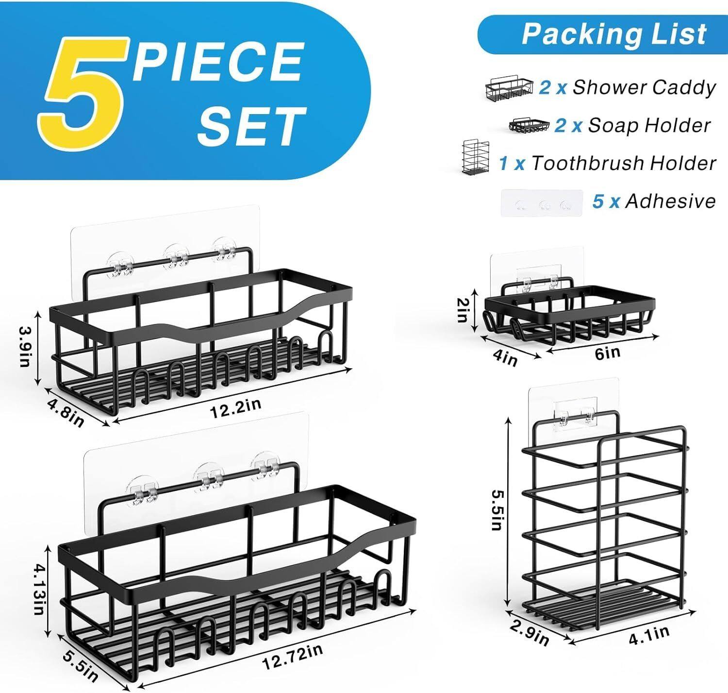 Angle. Mirfee - 5-Pack Adhesive Shower Caddy, Rustproof Stainless Steel No-Drill Bathroom Shelves - Black.