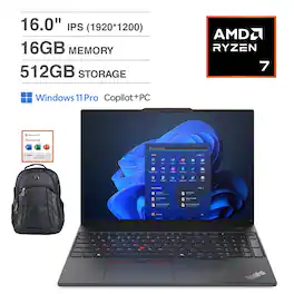 Lenovo - ThinkPad E16 21M6S7YY00 Laptop 16.0 IPS WUXGA (Ryzen 7 7735U, 16GB RAM, 512GB SSD, Win 11 Pro) w/Backpack, Office 365 - Graphite Black