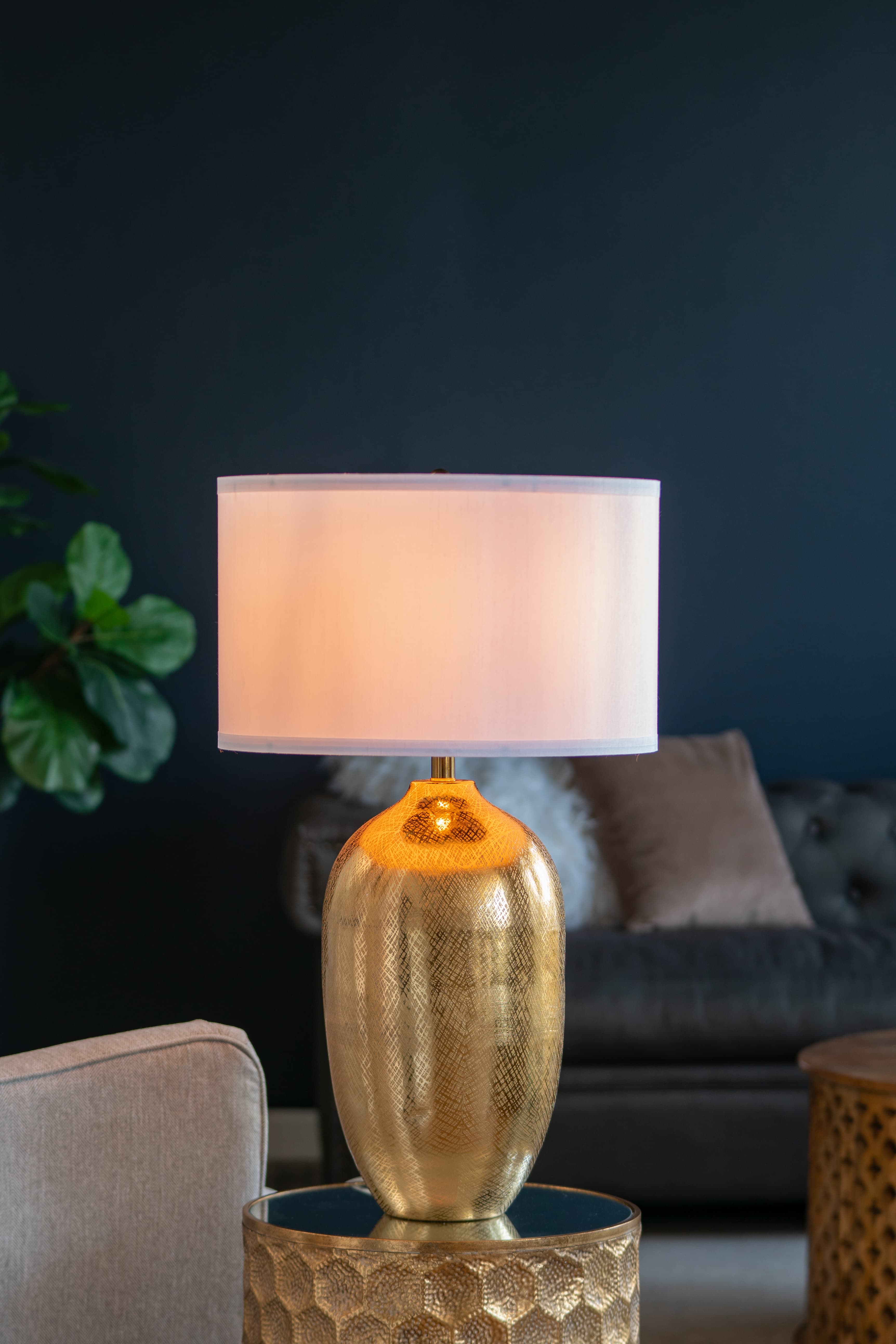 Alt View 10. Luckbyte - D18x31" Round Aluminum Gold Table Lamp White Fabric Shade Lamp Shade Assembly Required.