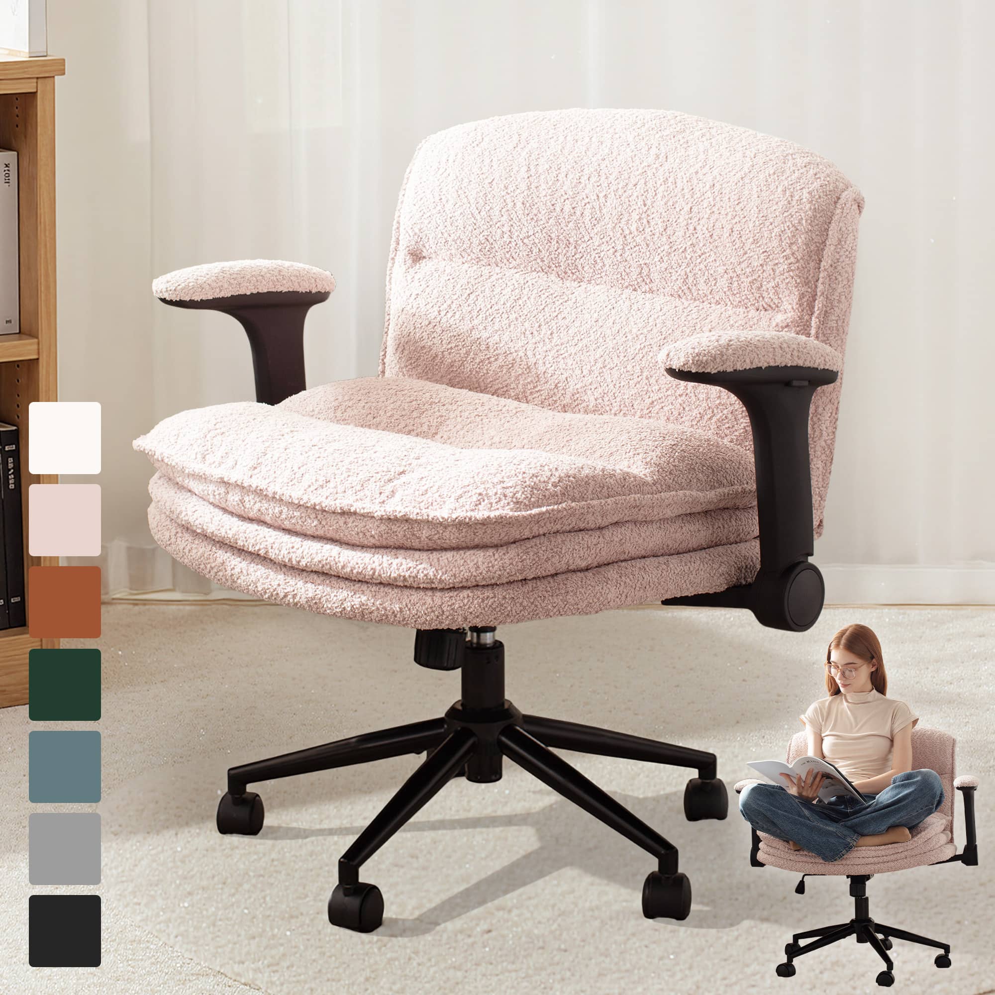 Dowinx - Criss Cross Chair with Adjustable Flip-up Arms and Wheels, Comfort Ergonomic Office Desk Armchair with 3 Layer Cushions - Pink