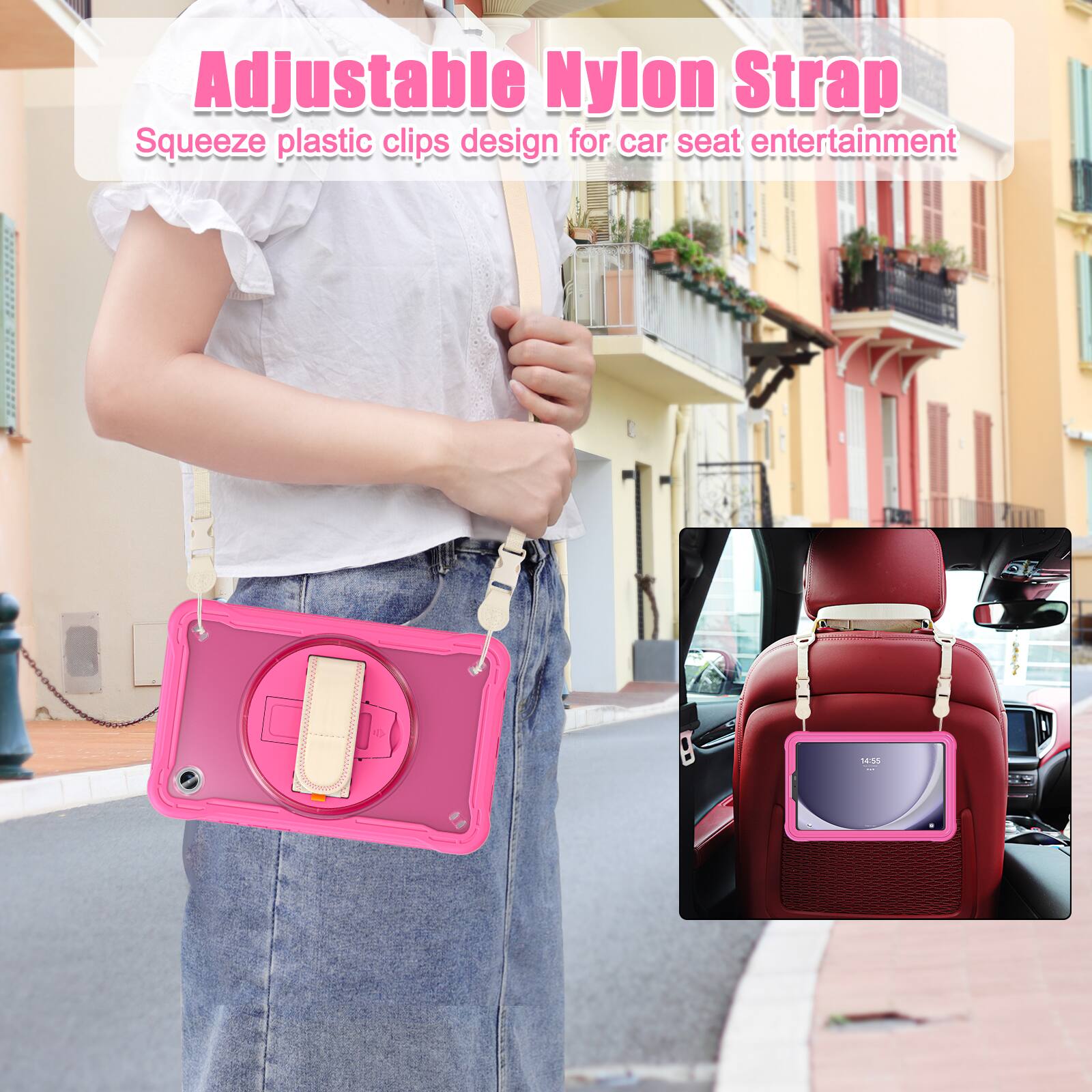 Adjustable Nylon Strap  
Squeeze plastic clips design for car seat entertainment