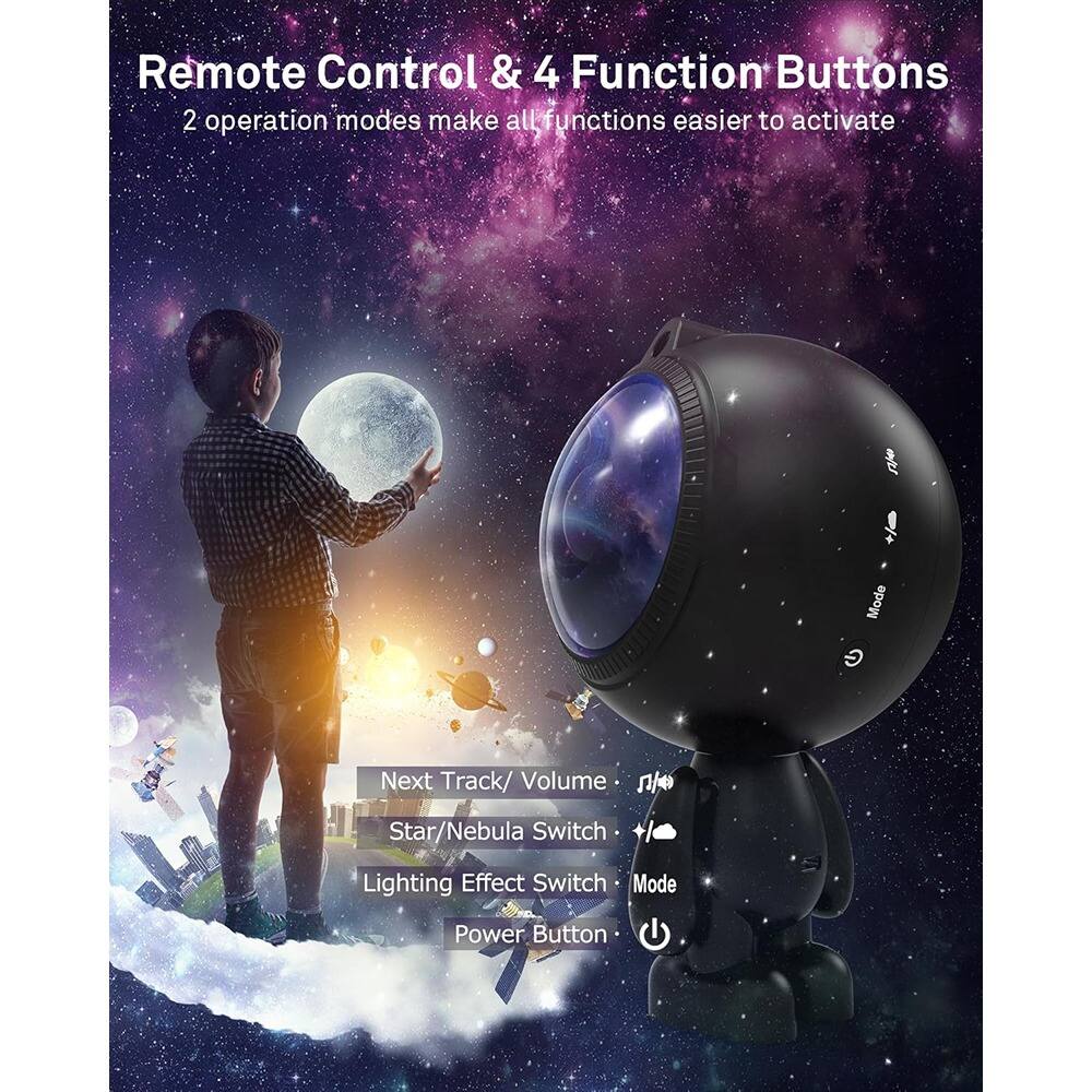 Remote Control & 4 Function Buttons  
2 operation modes make all functions easier to activate  

- Next Track/ Volume  
- Star/Nebula Switch  
- Lighting Effect Switch  
- Mode  
- Power Button