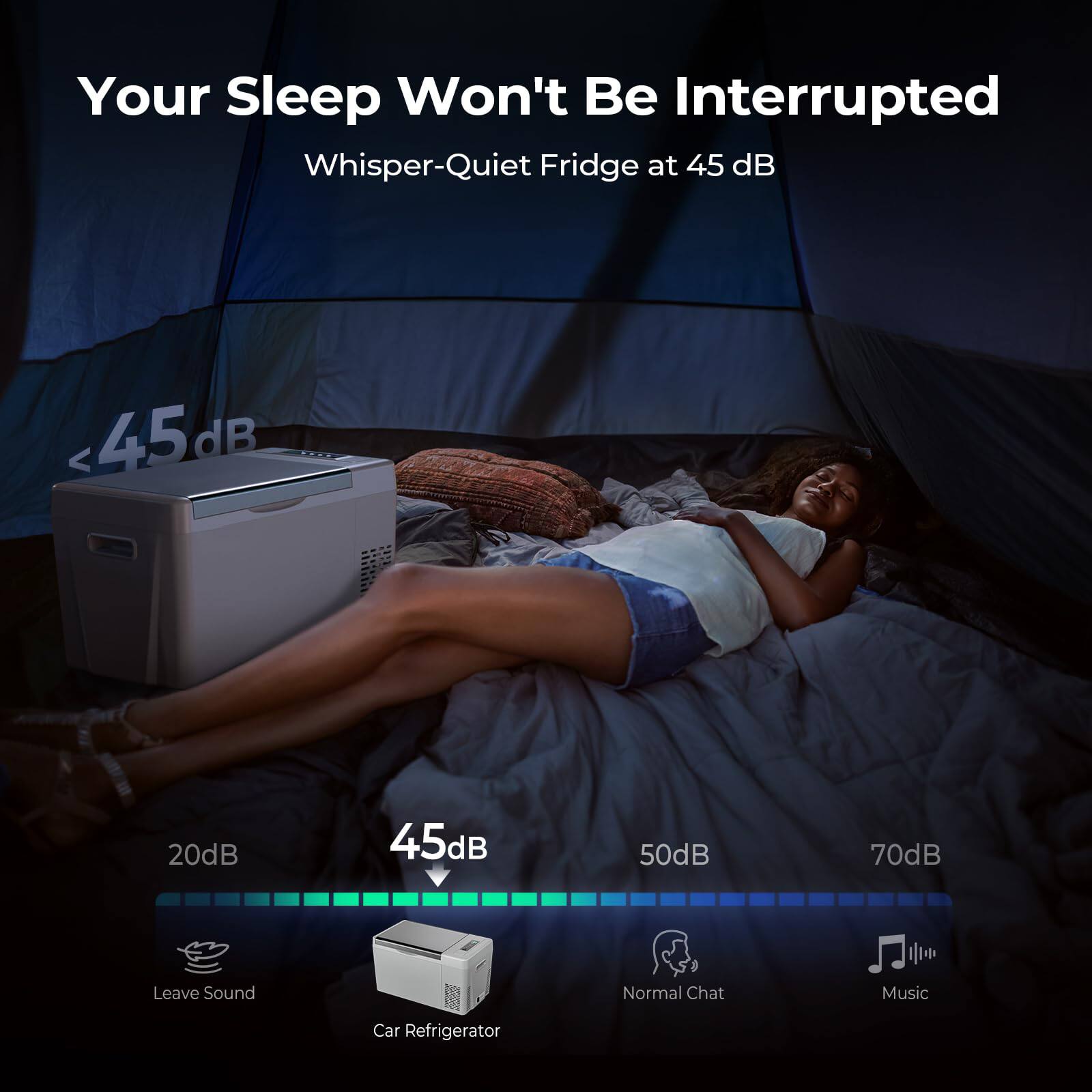 Your Sleep Won't Be Interrupted  
Whisper-Quiet Fridge at 45 dB

- 20dB: Leave Sound
- 45dB: Car Refrigerator
- 50dB: Normal Chat
- 70dB: Music