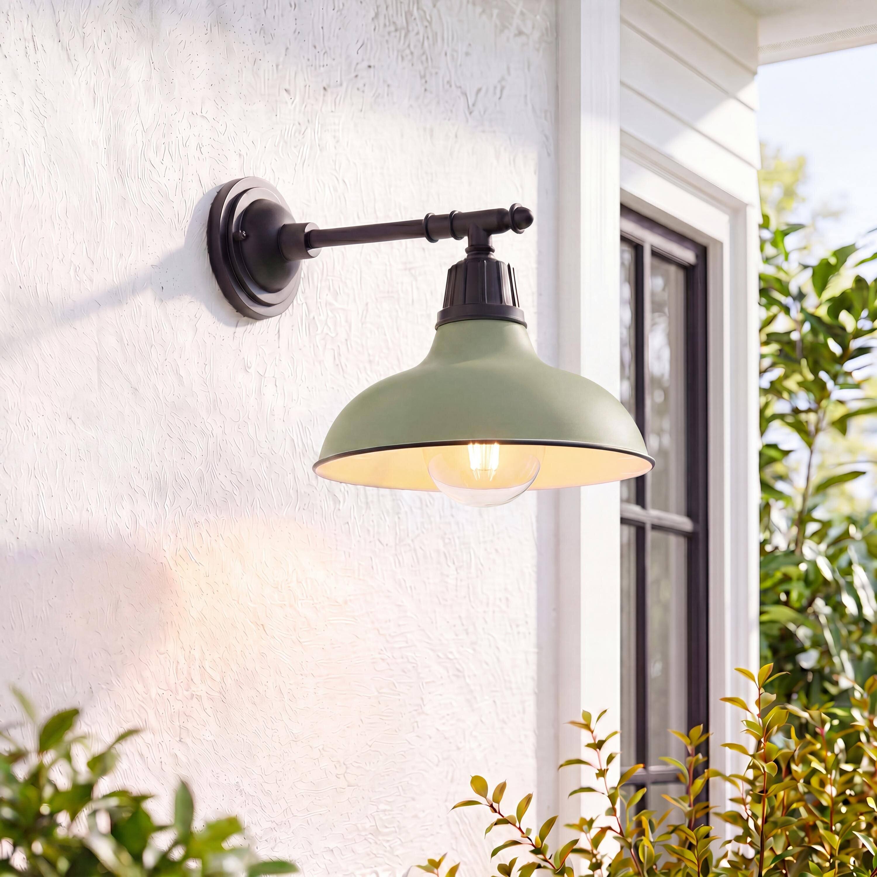 Alt View 1. Jonathan Y - Wallace 12.25" 1-Light Farmhouse Indoor/Outdoor Iron LED Victorian Arm Outdoor Sconce, Matte Olive Green/Black - Matte Olive Green/Black.