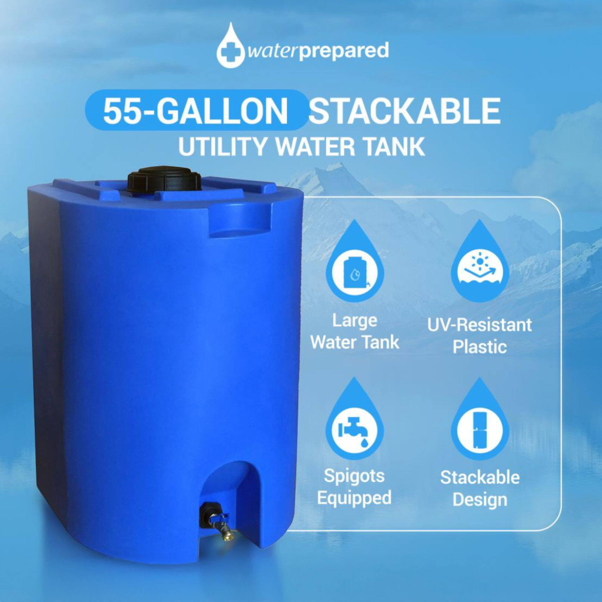 waterprepared 55-GALLON STACKABLE UTILITY WATER TANK Large UV-Resistant Water Tank Plastic Spigots Equipped Stackable Design