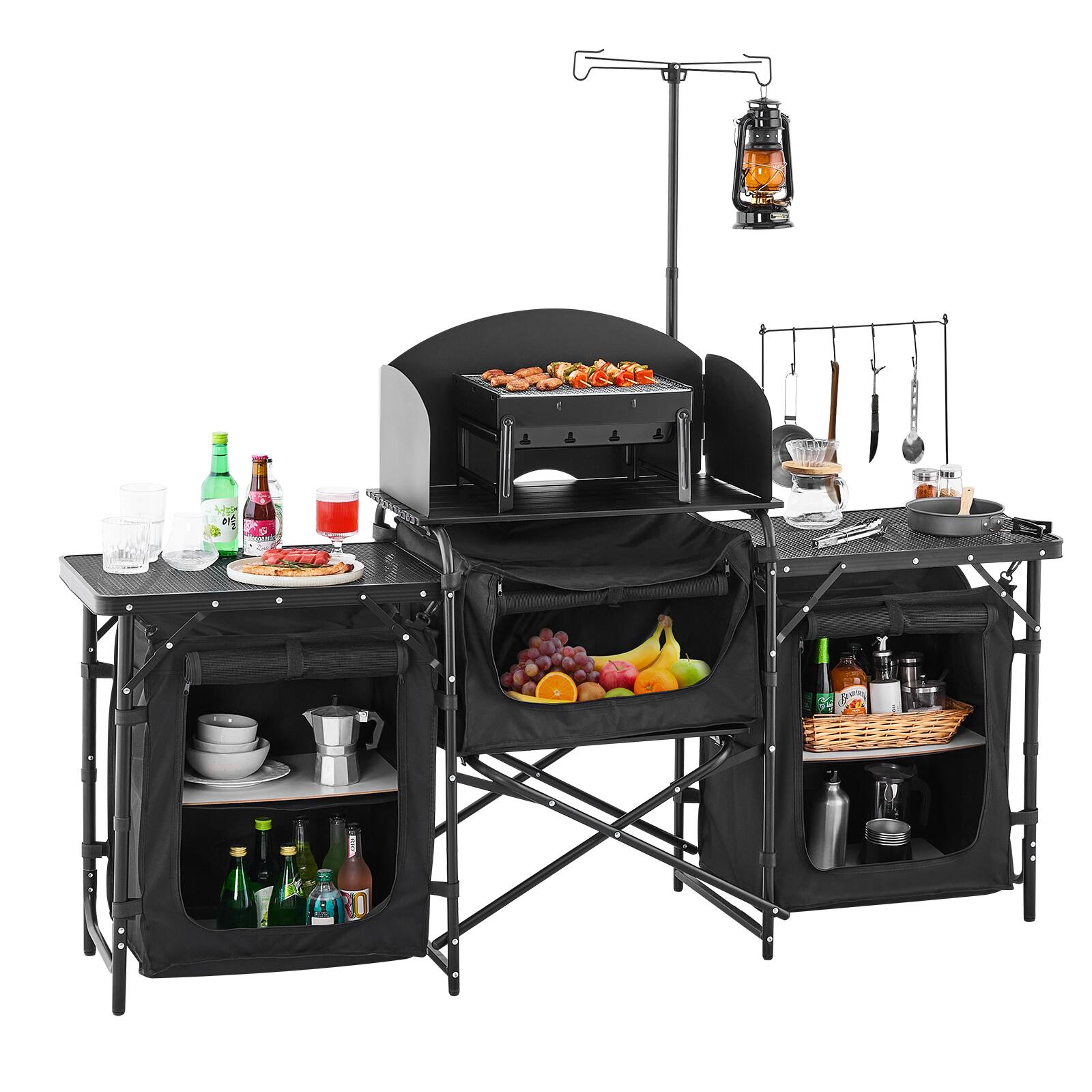 Alt View 5. VEVOR - Camping Kitchen Table, Outdoor Camp Cooking Table, Aluminum Portable Cook Station with 3 Storage Cupboard, Carrying Bag - Black.