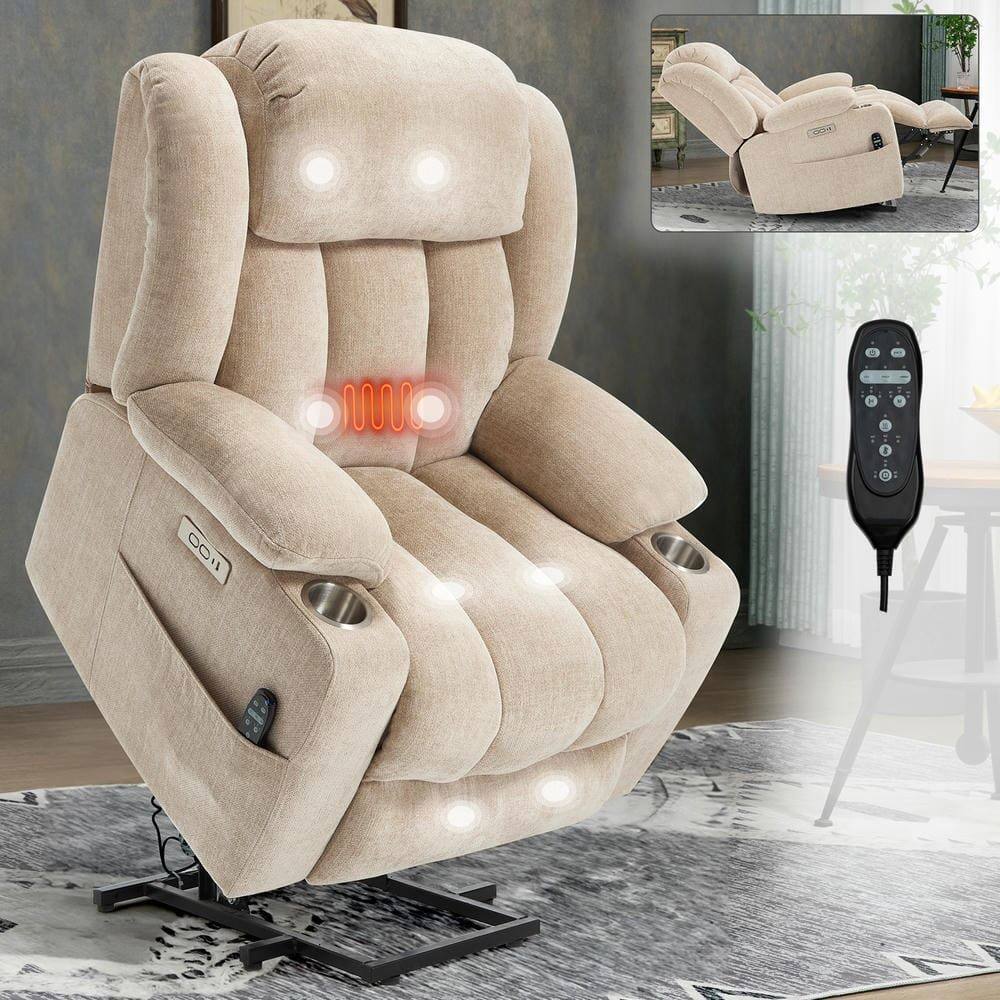 Alt View 8. Kadyn - Power Lift Recliner Chair, 8-Point Massage & Heat, Dual USB Ports, Cup Holders, 350lb Capacity, Beige - Beige.