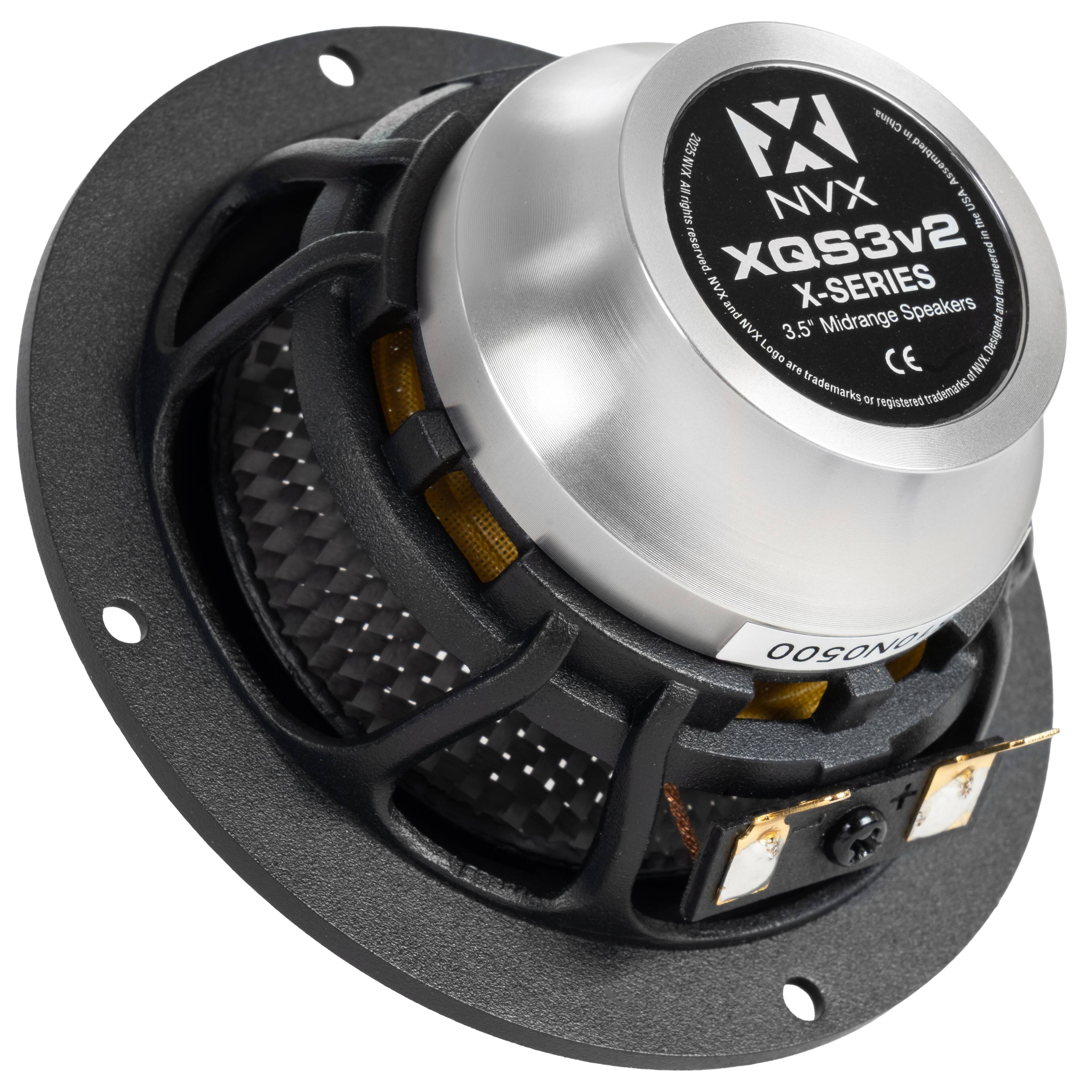 China XX - 2025 NVX XQS3v2 X-SERIES 3.5" Midrange Speakers. Designed and engineered by NVX USA. The 5 rights reserved. NVX Logo. CE. XAN. ONOSOO.