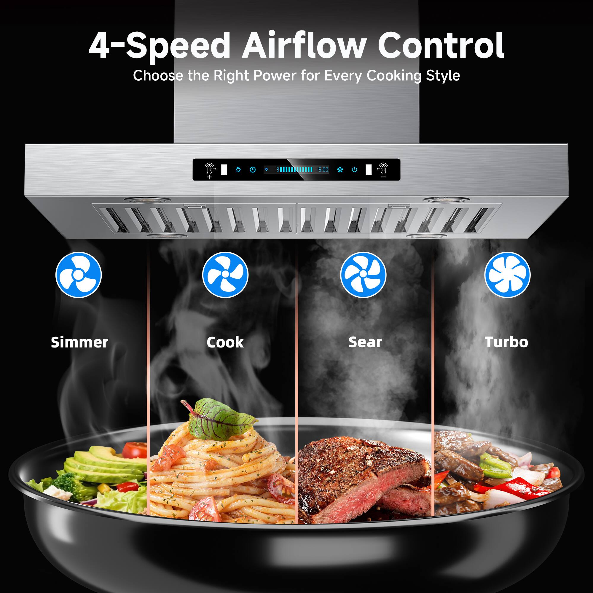 4-Speed Airflow Control  
Choose the Right Power for Every Cooking Style

Simmer  
Cook  
Sear  
Turbo
