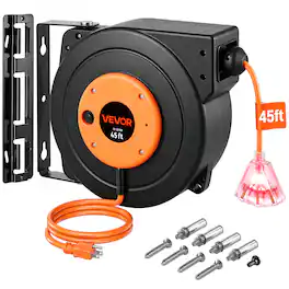 VEVOR - Retractable Extension Reel, Heavy Duty 12AWG/3C SJTOW Power Cord 45 FT 12AWG, Black Tested toStandards - Black;Orange