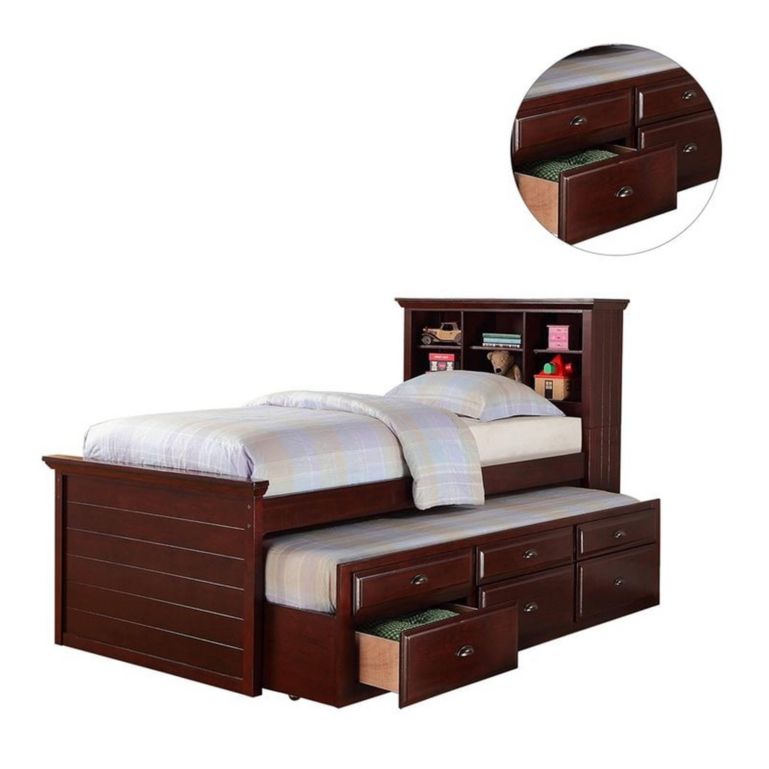 Alt View 2. Manhattan Lane - Toni Twin Size Trundle Bed with 6 Drawers, Bookcase Headboard, Brown Wood - Brown.