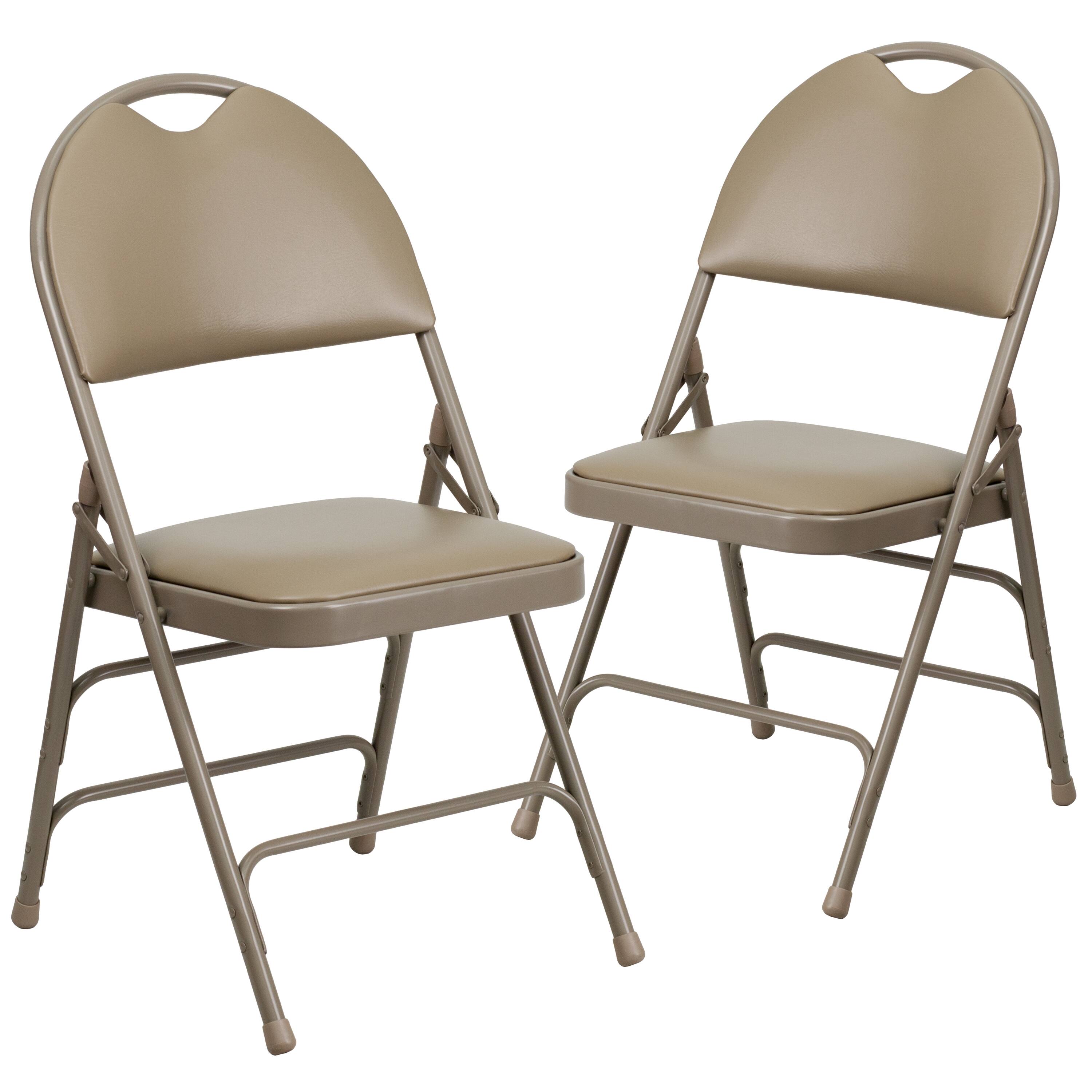 Emma + Oliver - 2 Pack Home & Office Easy-Carry Party Events Padded Folding Chair - Beige Vinyl/Beige Frame