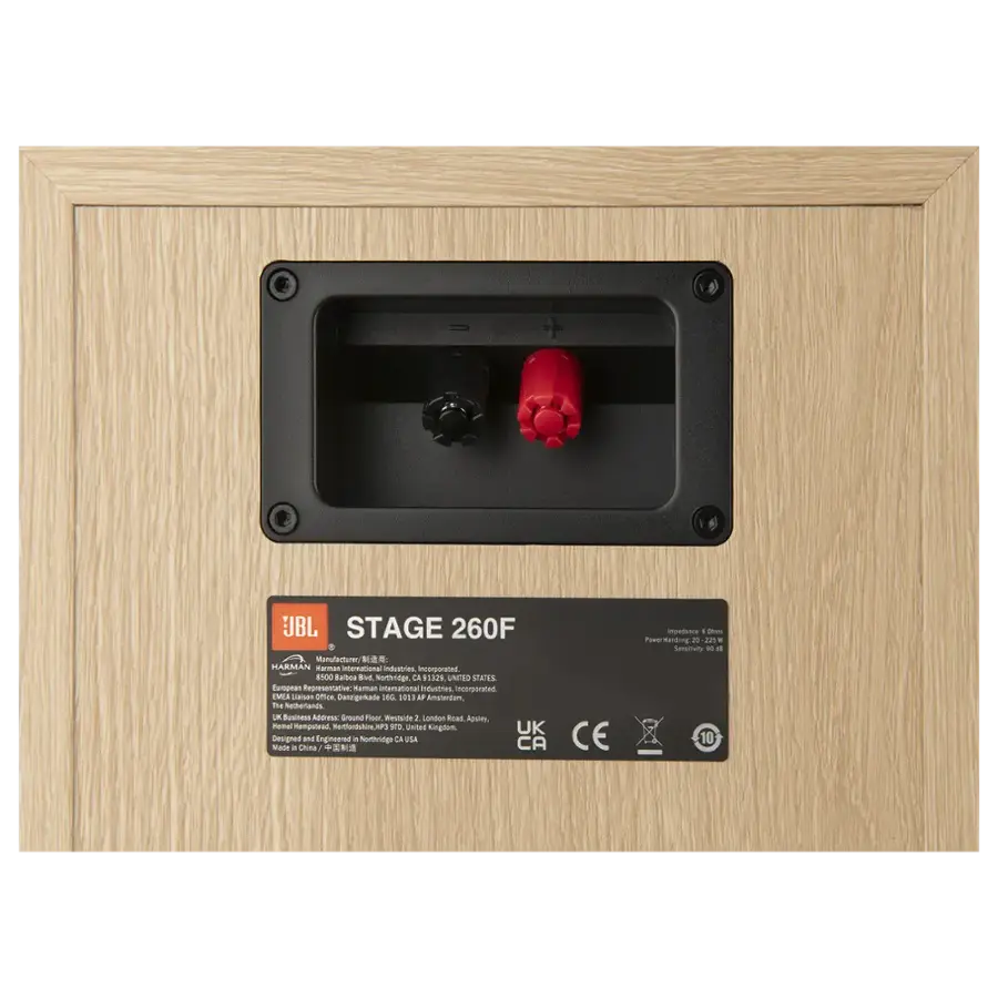 The text on the image reads: "USB STAGE 260F Manufactured by Harman International Industries Inc. Northridge, CA 91325 United States. Represented by Harman International Industries Inc. 1013 A Amsterdam, The Netherlands. Business Adress: Rauna Fee Westside 2 Landor acd Amsterdam, The Netherlands. MPS - United Kingdom. Rated 20 Ampere - 10 A."