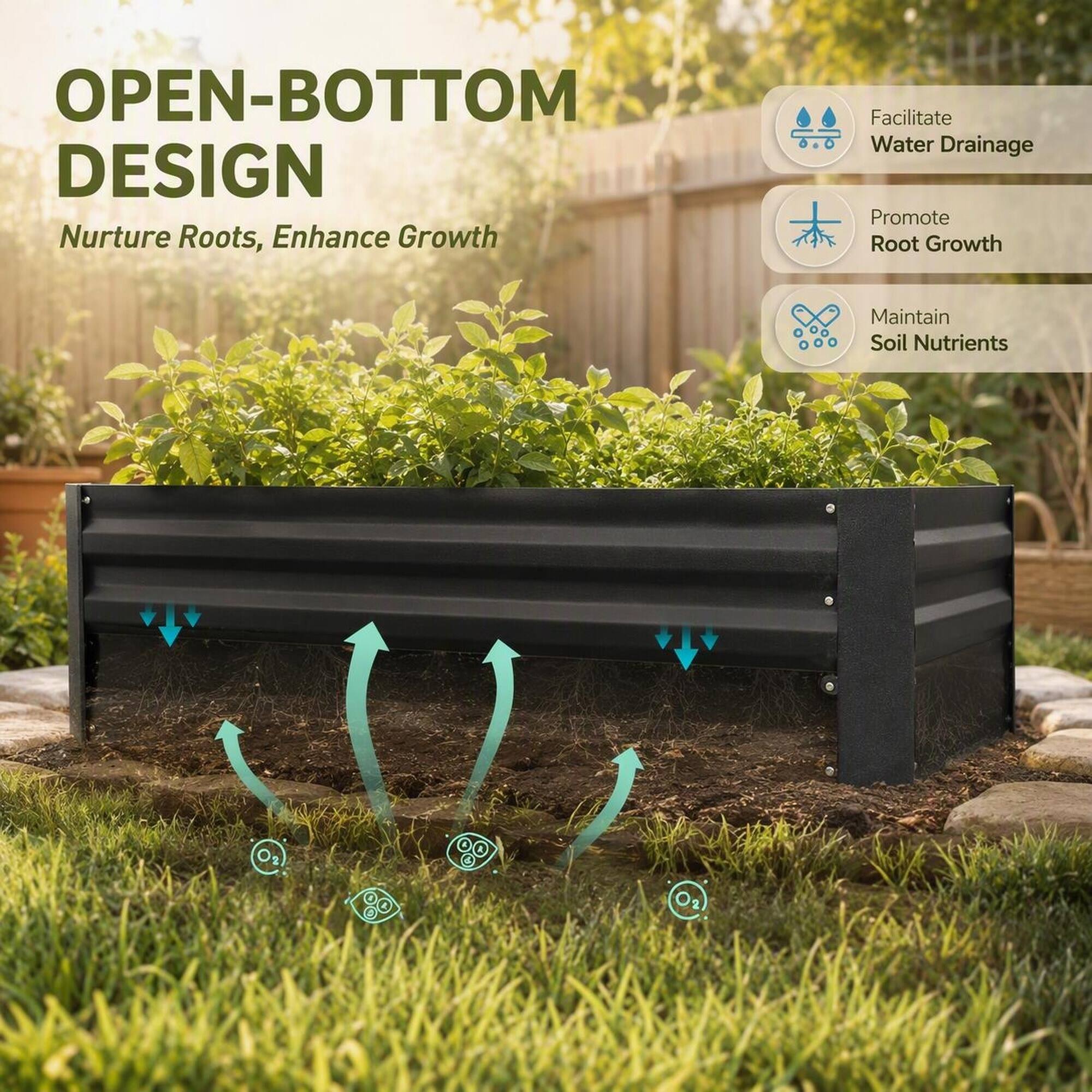 OPEN-BOTTOM DESIGN  
Nurture Roots, Enhance Growth  

Facilitate Water Drainage  
Promote Root Growth  
Maintain Soil Nutrients