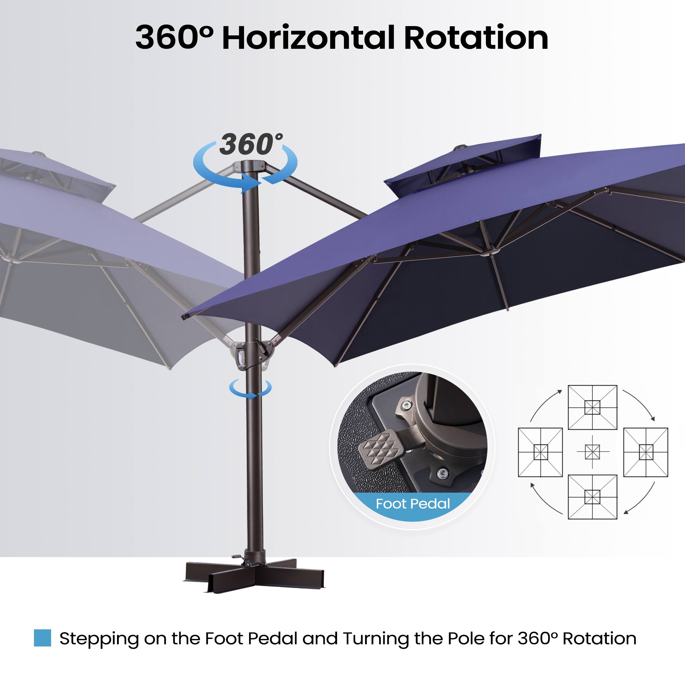 360° Horizontal Rotation

Stepping on the Foot Pedal and Turning the Pole for 360° Rotation

Foot Pedal