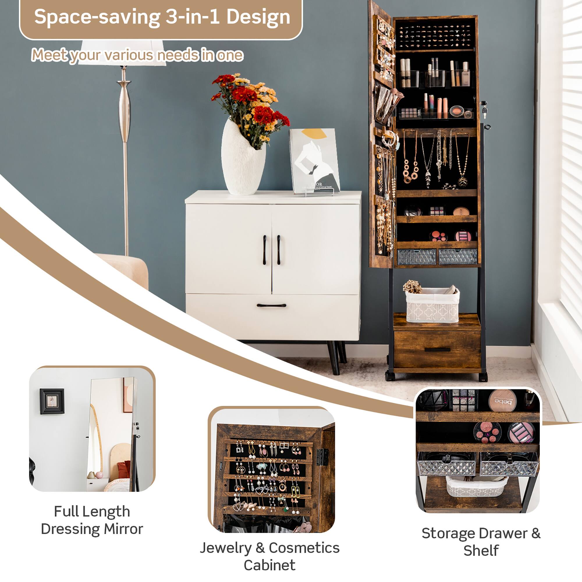 Space-saving 3-in-1 Design Meet your various needs in one a DI . .. 1 0 30 22 Full Length Dressing Mirror Jewelry & Cosmetics Cabinet Storage Drawer & Shelf