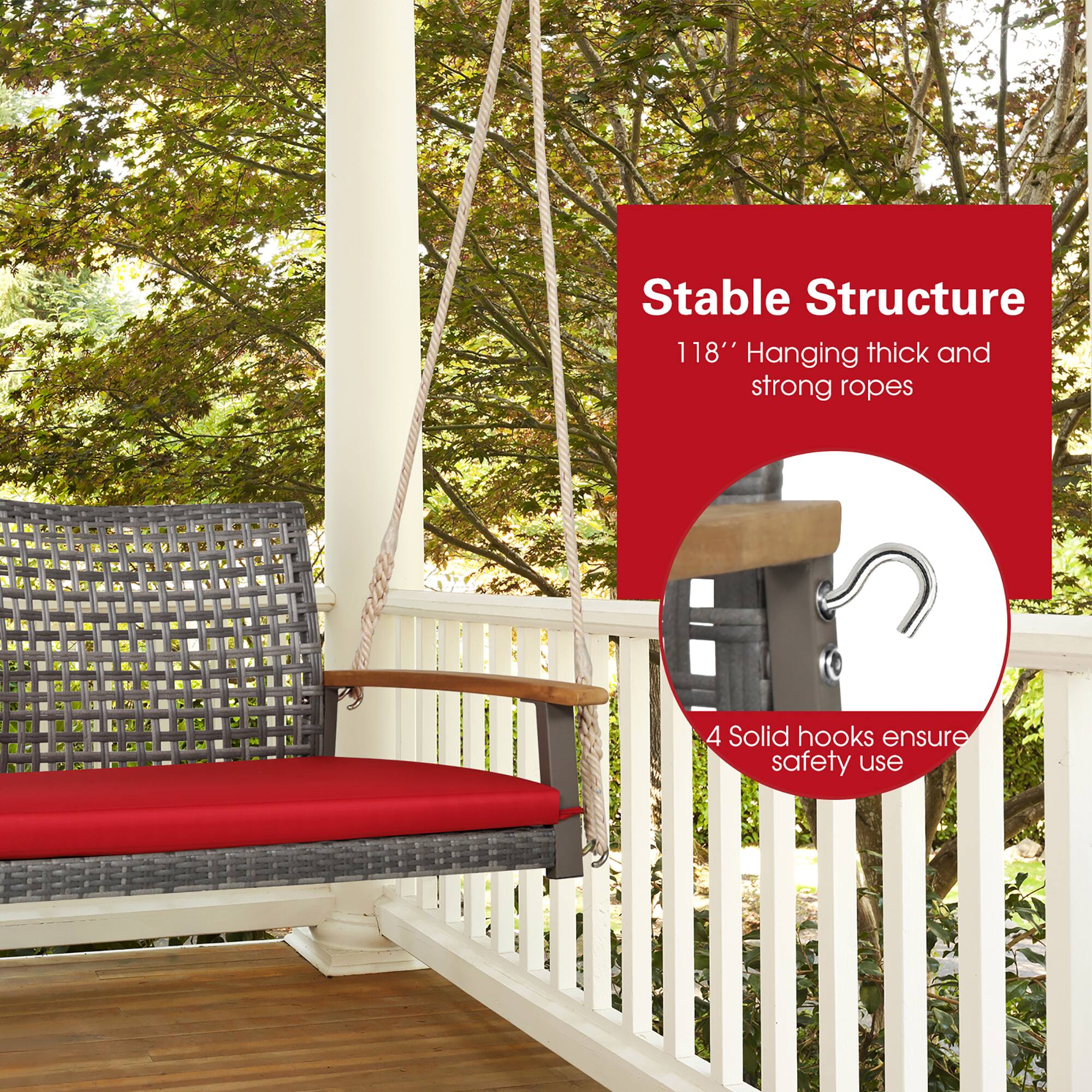 Alt View 7. Gymax - Gymax Rattan Patio Porch Swing 2-Person Cushioned Swing Chair Bench w/ Hanging Ropes Red - Red.