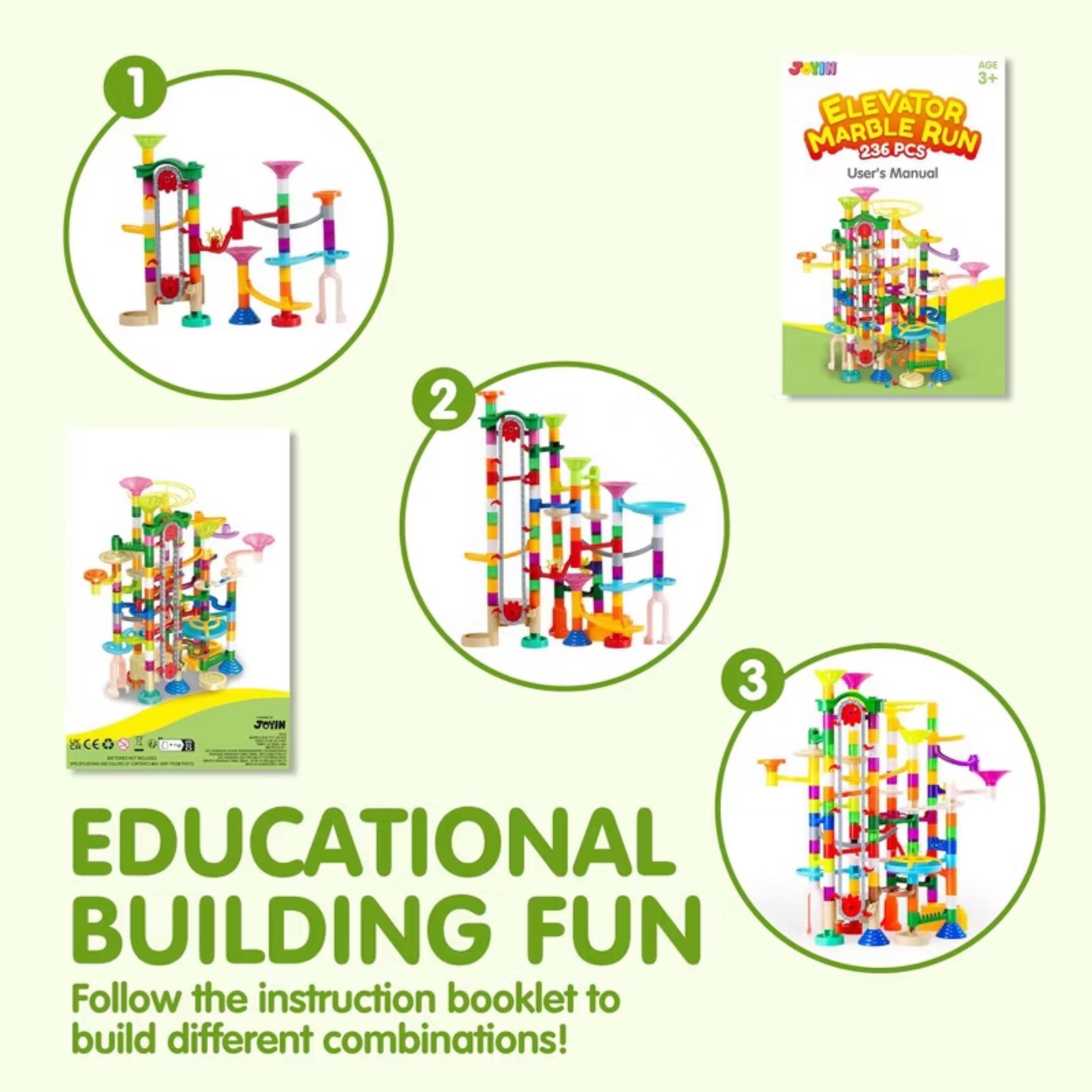 1. YADE 3+ ELEVATOR MARBLE RUN User's Manual
2. JOH 3 EDUCATIONAL BUILDING FUN
3. Follow the instruction booklet to build different combinations!
