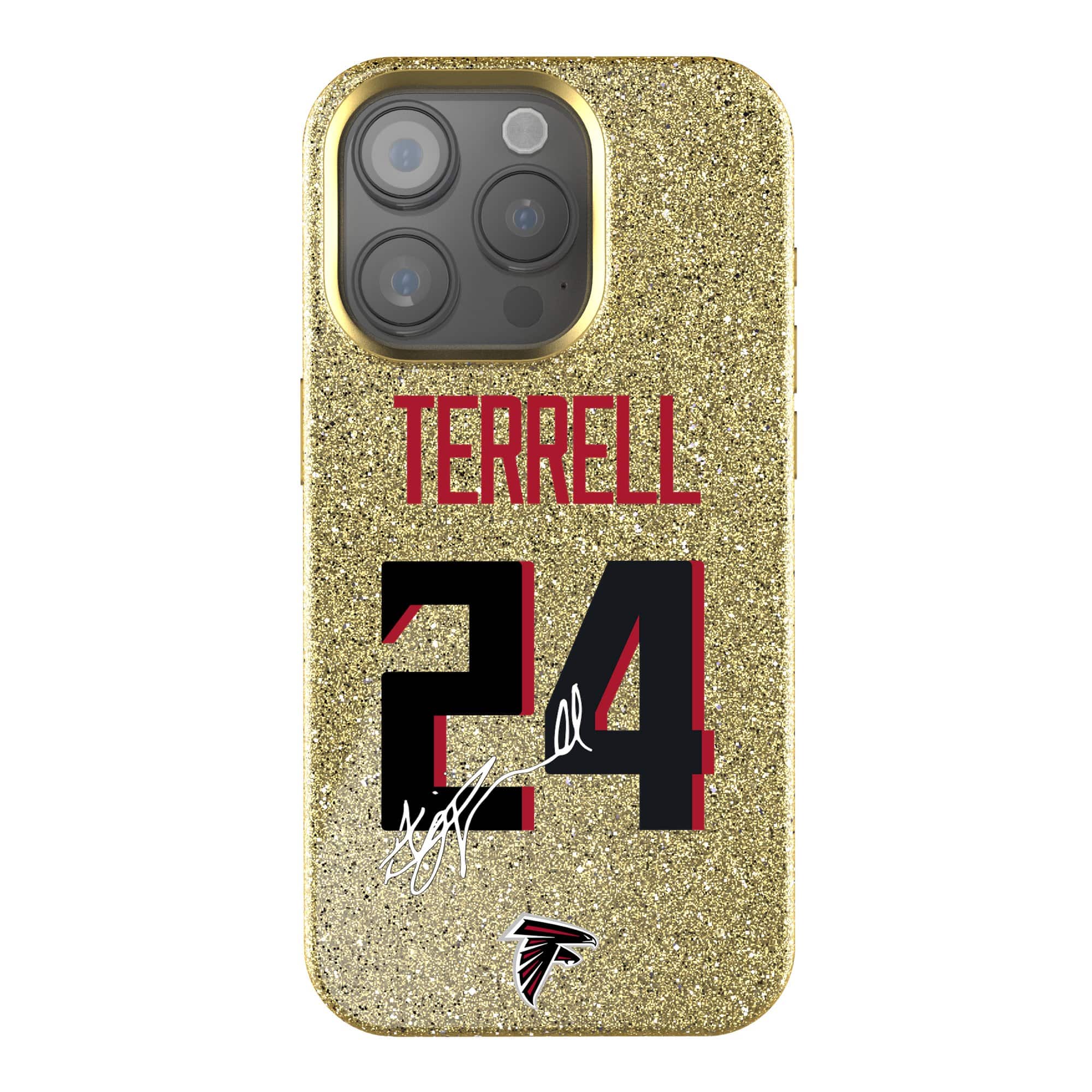 Front. Keyscaper - A.J. Terrell Gold Atlanta Falcons Bling iPhone Case - 14 Pro Max - Gold.