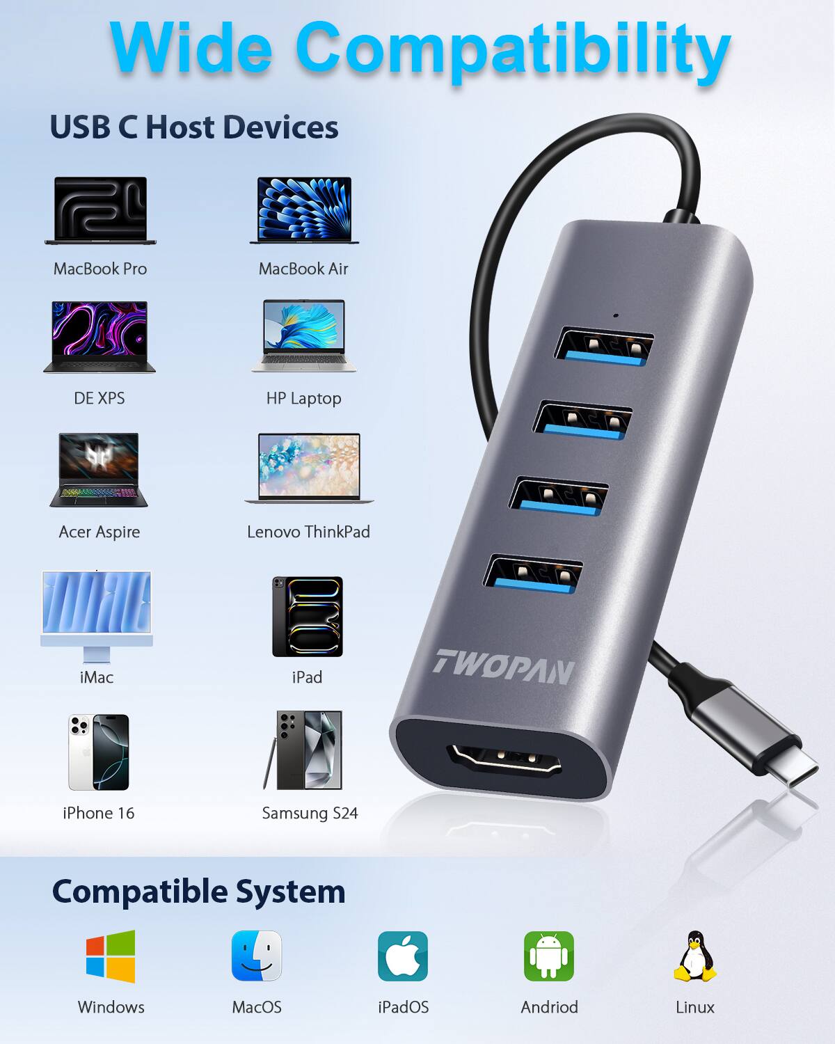 Wide Compatibility

USB C Host Devices
- MacBook Pro
- MacBook Air
- DE XPS
- HP Laptop
- Acer Aspire
- Lenovo ThinkPad
- iMac
- iPad
- iPhone 16
- Samsung S24

Compatible System
- Windows
- MacOS
- iPadOS
- Android
- Linux