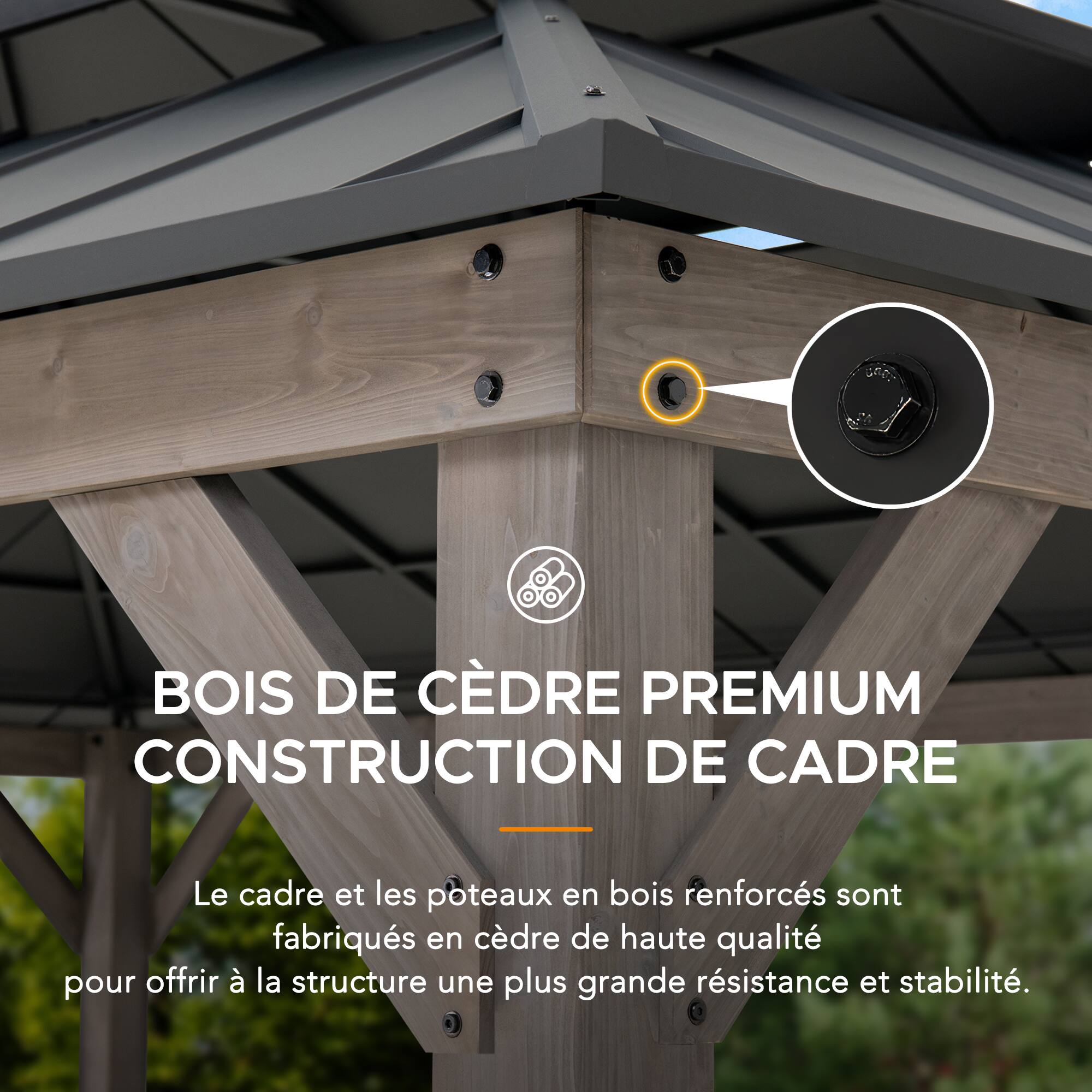 BOIS DE CÉDRE PREMIUM CONSTRUCTION DE CADRE - Le cadre et les poteaux en bois renforcés sont fabriqués en cèdre de haute qualité pour offrir à la structure une plus grande résistance et stabilité.