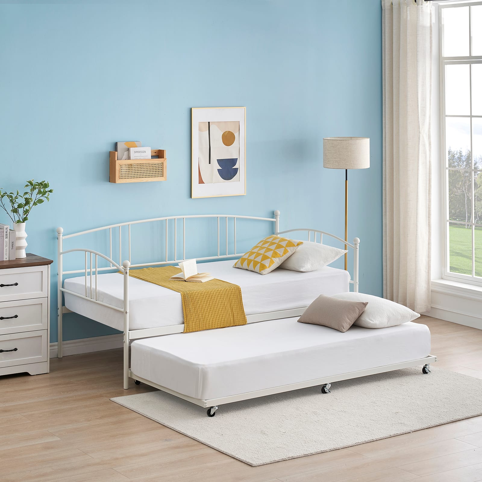 Homhougo - Twin Rectangular Twin Metal Daybed with Trundle, Sofa Bed Frame with 6 Casters and Steel Slat Support - White