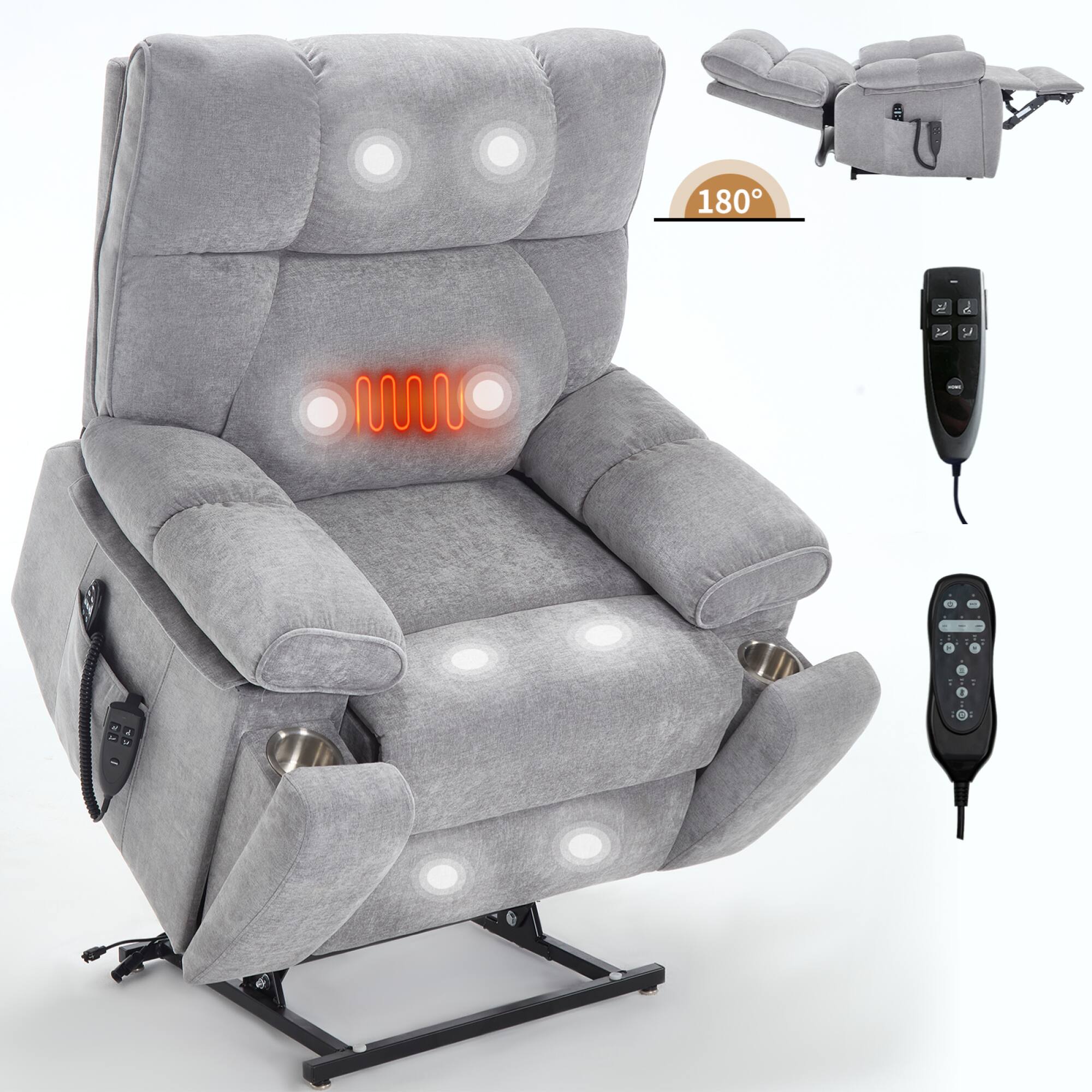 Alt View 9. GOODSILO - Large Dual Motor Electric Power Lift Recliner with Massage and Lumbar Heat Functions for Ultimate Comfort - Gray.